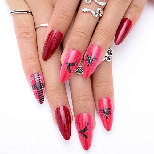 Aceorna Matte Press-On Nails - Long Red Stiletto Fake Nails with Snowflake & Reindeer Design, Full Cover Acrylic Christmas Nails for Women & Girls (24PCS) | Perfect for Holiday Parties, Gift Giving & Festive Nail Art