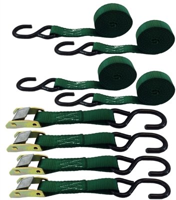 (4 Pack) 1 Inch Heavy Duty Green Cam Buckle Straps with Coated S Hooks - 14 Feet Long - Secure Cargo, Tie Down Equipment, Organize Gear for Camping, Moving & Storage