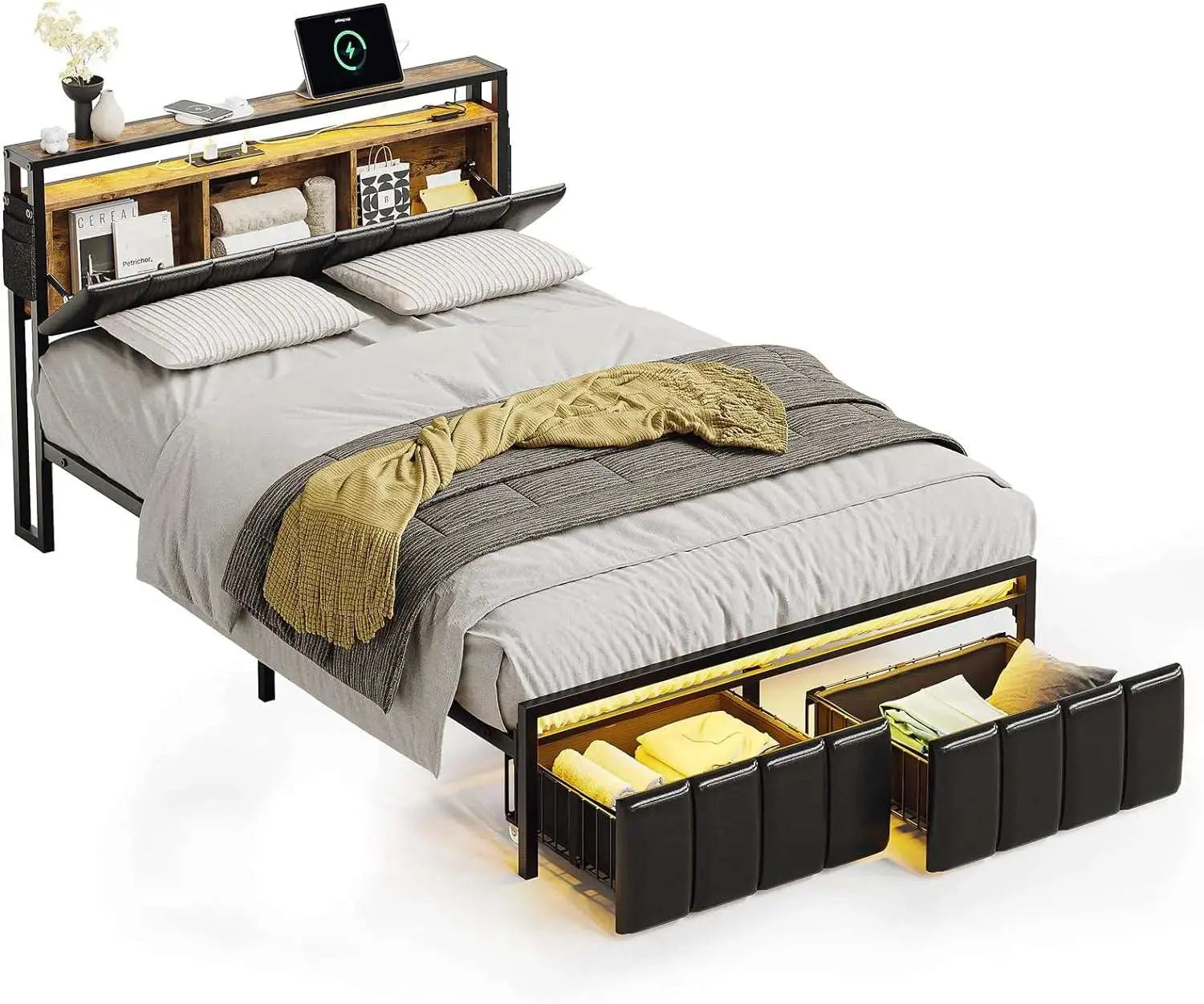 Bestier LED Bed Frame with Hidden Storage Headboard - Queen Size Modern Platform Bed with USB Ports & Touch Control - Perfect for Bedroom, Guest Room & Small Spaces