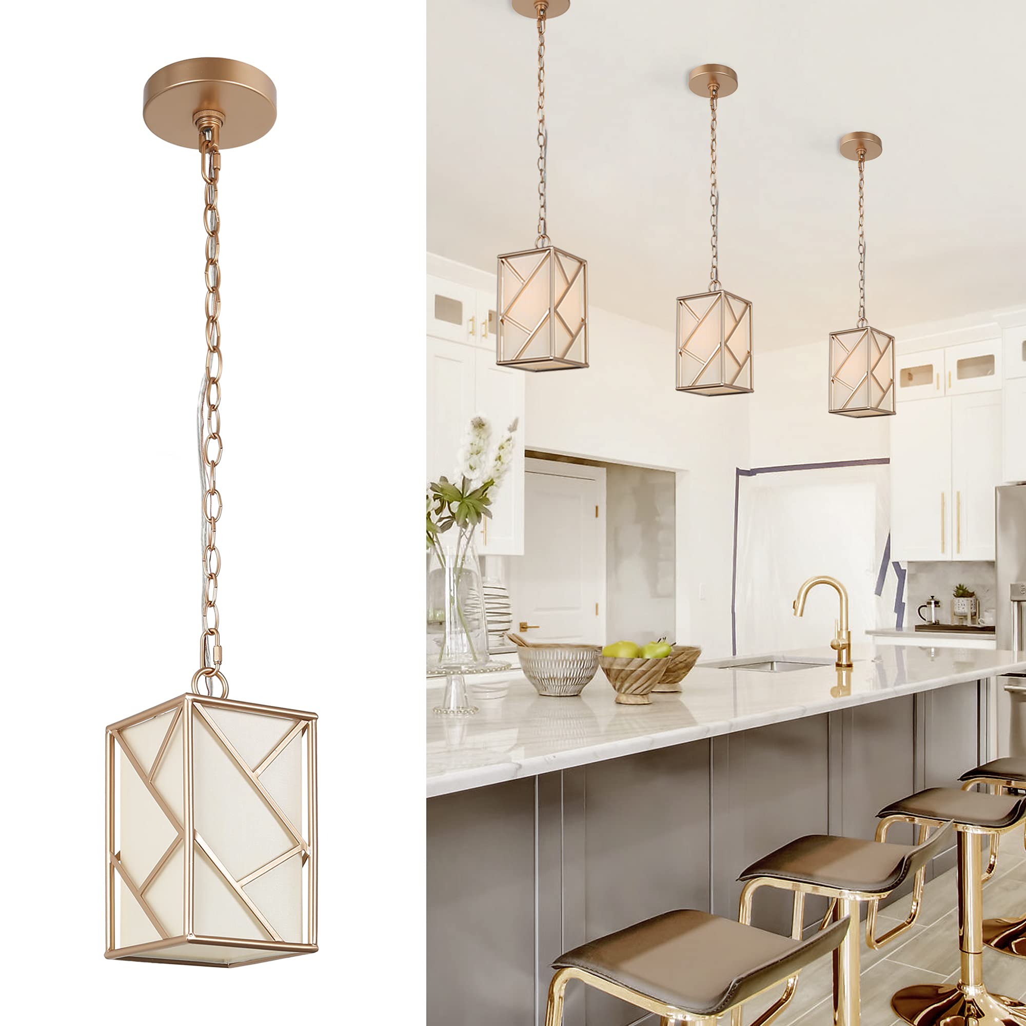 Optimant Lighting Gold Pendant Light with Fabric Shade - Modern Cage Hanging Fixture for Kitchen Island, Dining Room, Living Room, Entryway, Hallway & Bedroom | Perfect for Farmhouse, Industrial & Contemporary Home Decor