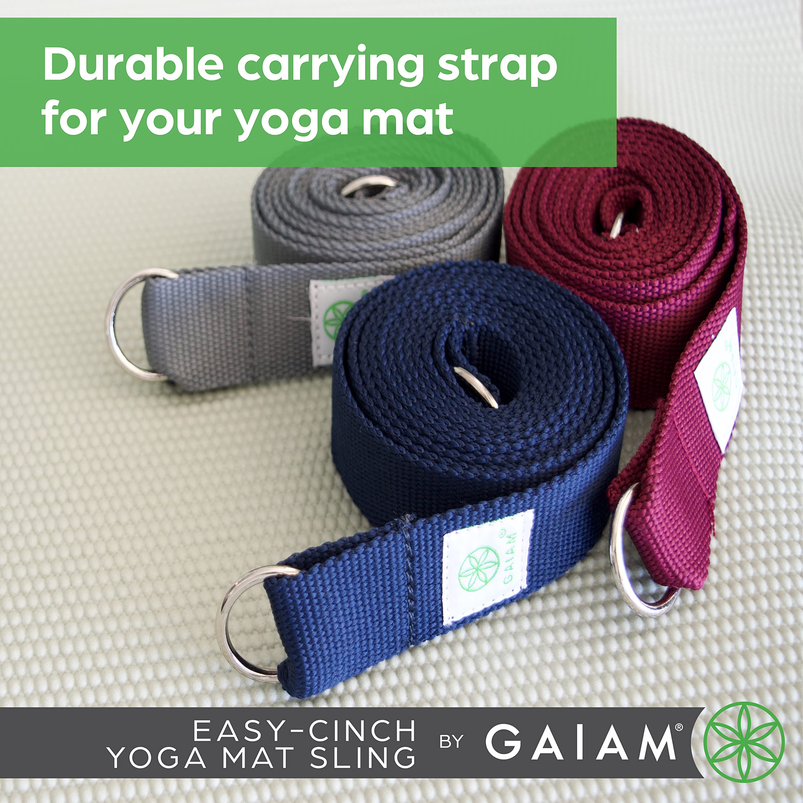 Gaiam Easy-Cinch Yoga Mat Sling - Durable Carrying Strap with Metal D-Rings for Secure Fit, Perfect for Yoga, Pilates, Gym & Travel (No Mat Included)