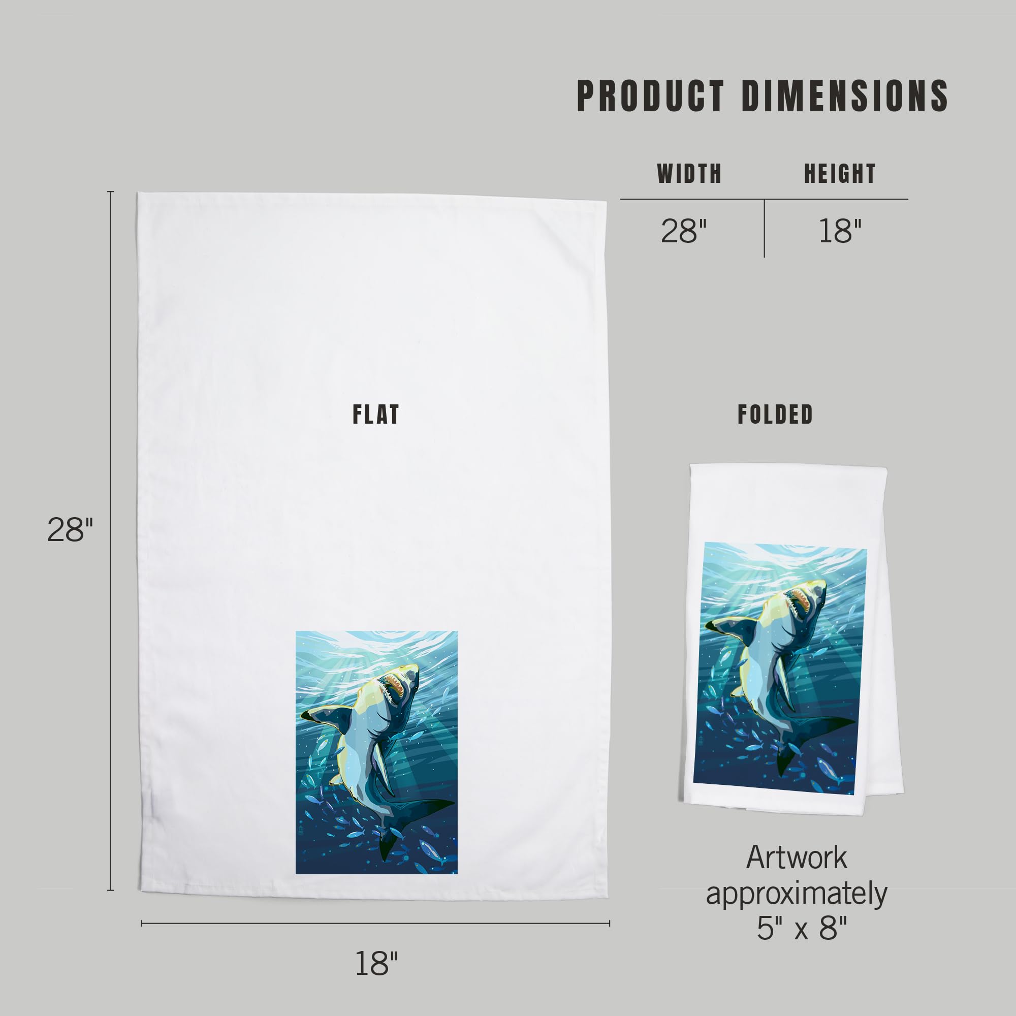 Stylized Great White Shark Tea Towel - 100% Cotton Decorative Hand Towel for Kitchen & Home - Perfect for Dish Drying, Gift Giving & Coastal Themed Decor