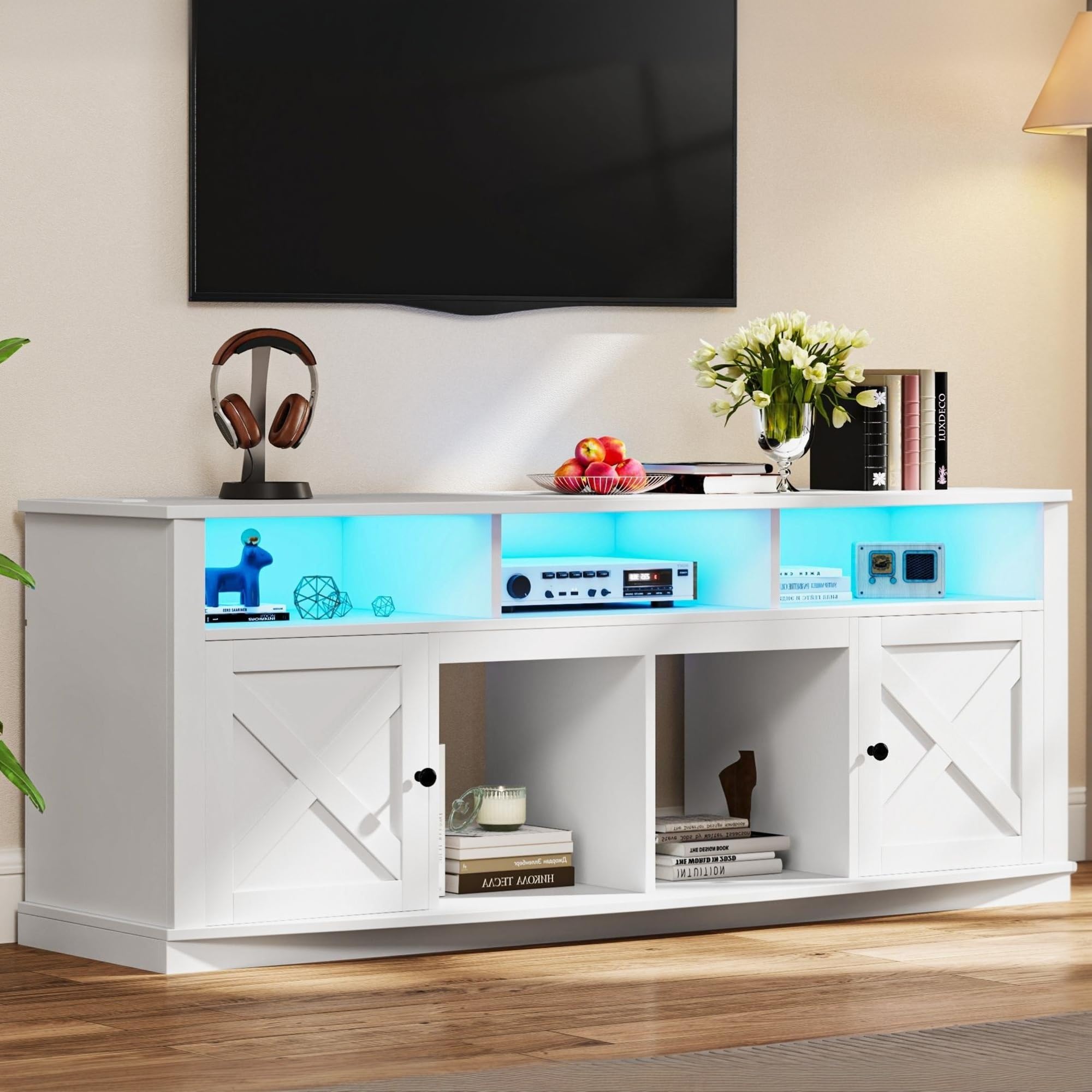 75/80 Inch TV Stand with LED Lights & Power Outlet - Modern Entertainment Center with Barn Doors, White - Perfect for Living Room Home Theater Setup & Media Storage