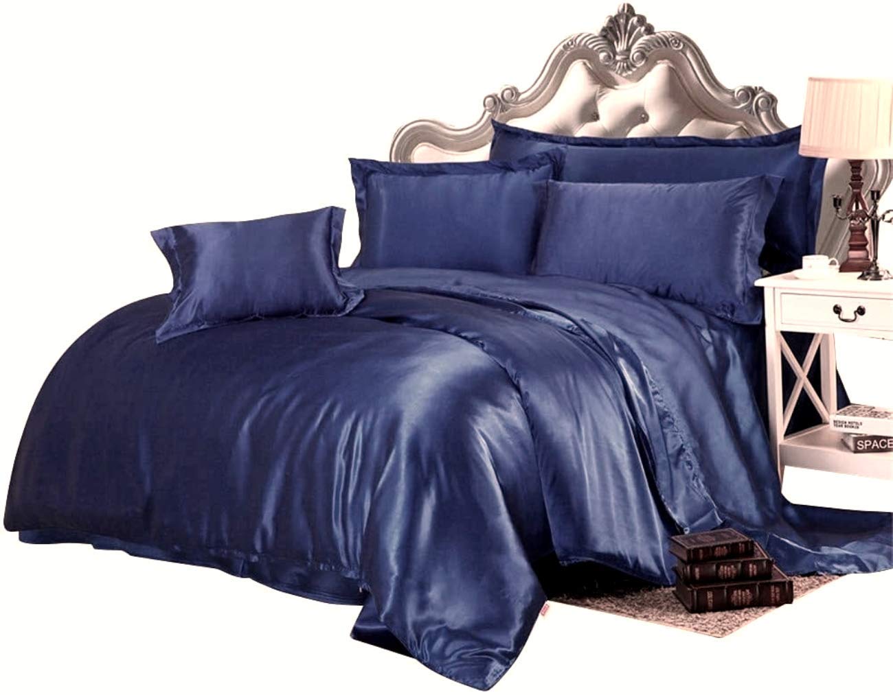 Luxury 7-Piece Satin Queen Comforter Set - 600 GSM Navy Blue Duvet Insert with Sheets (Comforter, Flat Sheet, Fitted Sheet & 4 Pillowcases) - Perfect for Master Bedroom, Guest Room & Cozy Home Decor