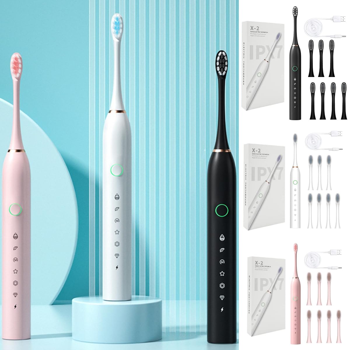 Rechargeable Electric Toothbrush with 8 Brush Heads & Smart 6-Speed Timer - USB Charging for Adults & Teens - Perfect for Home Use, Travel, and Gifts for Clean Teeth