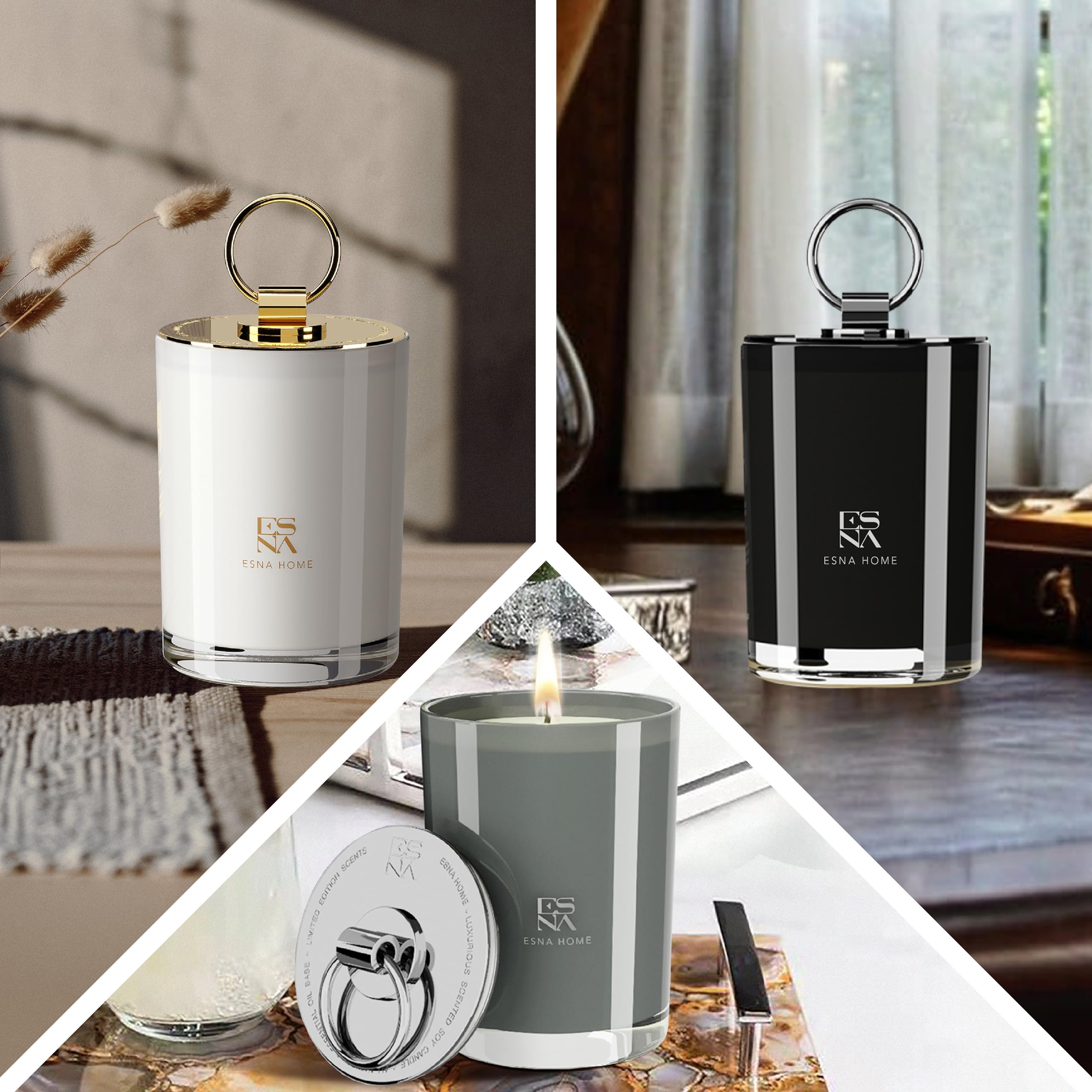 ESNA HOME Luxury Black Trio Set - 3 All-Natural Soy Scented Candles (150h Burn Time) | Perfect Aromatherapy Gifts for Women, Engagement Present | Ideal for Home Decor, Relaxation & Romantic Ambiance