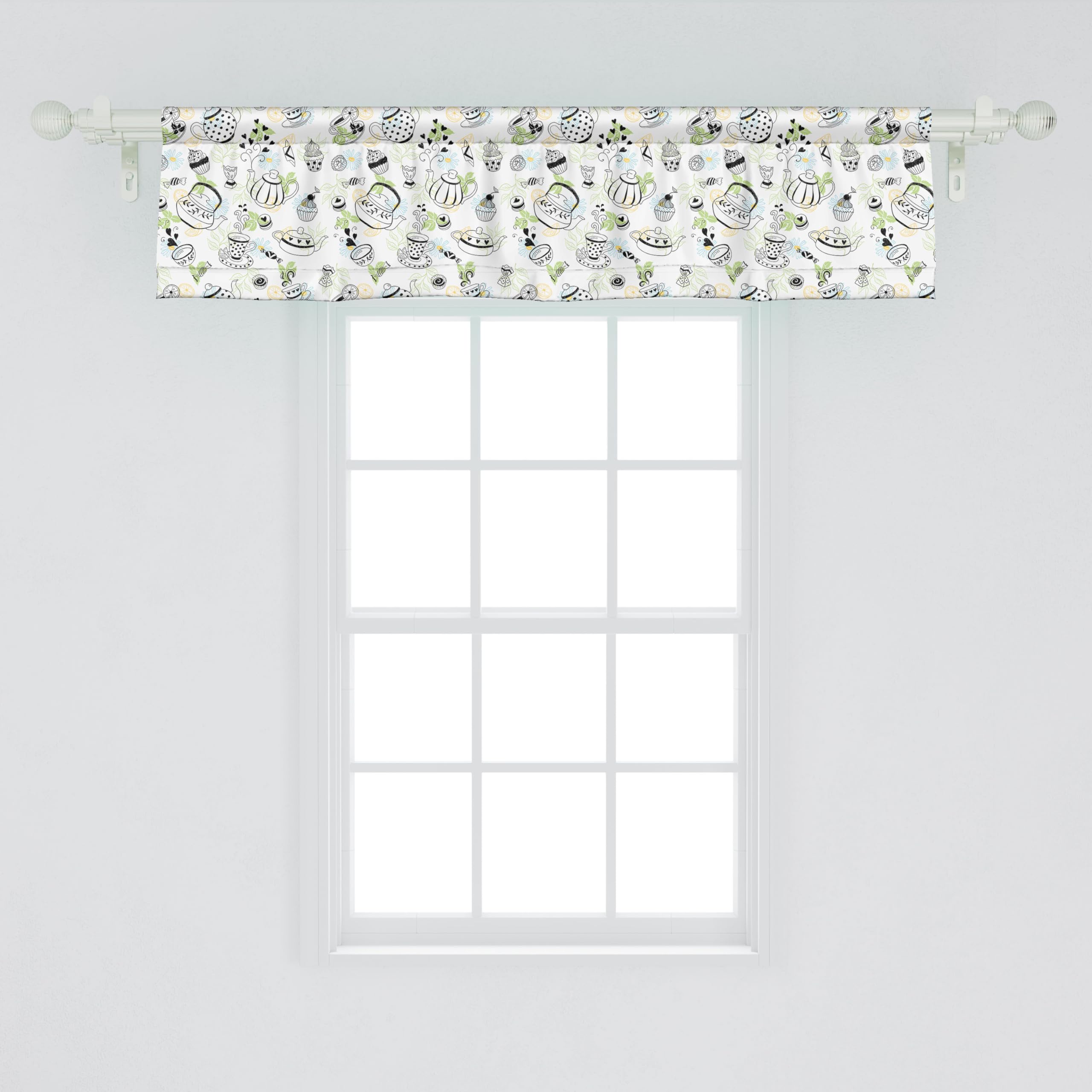 Ambesonne Tea Party Window Valance Set of 2 - Hand Drawn Doodle Teapots, Cups, Hearts & Floral Design - 54