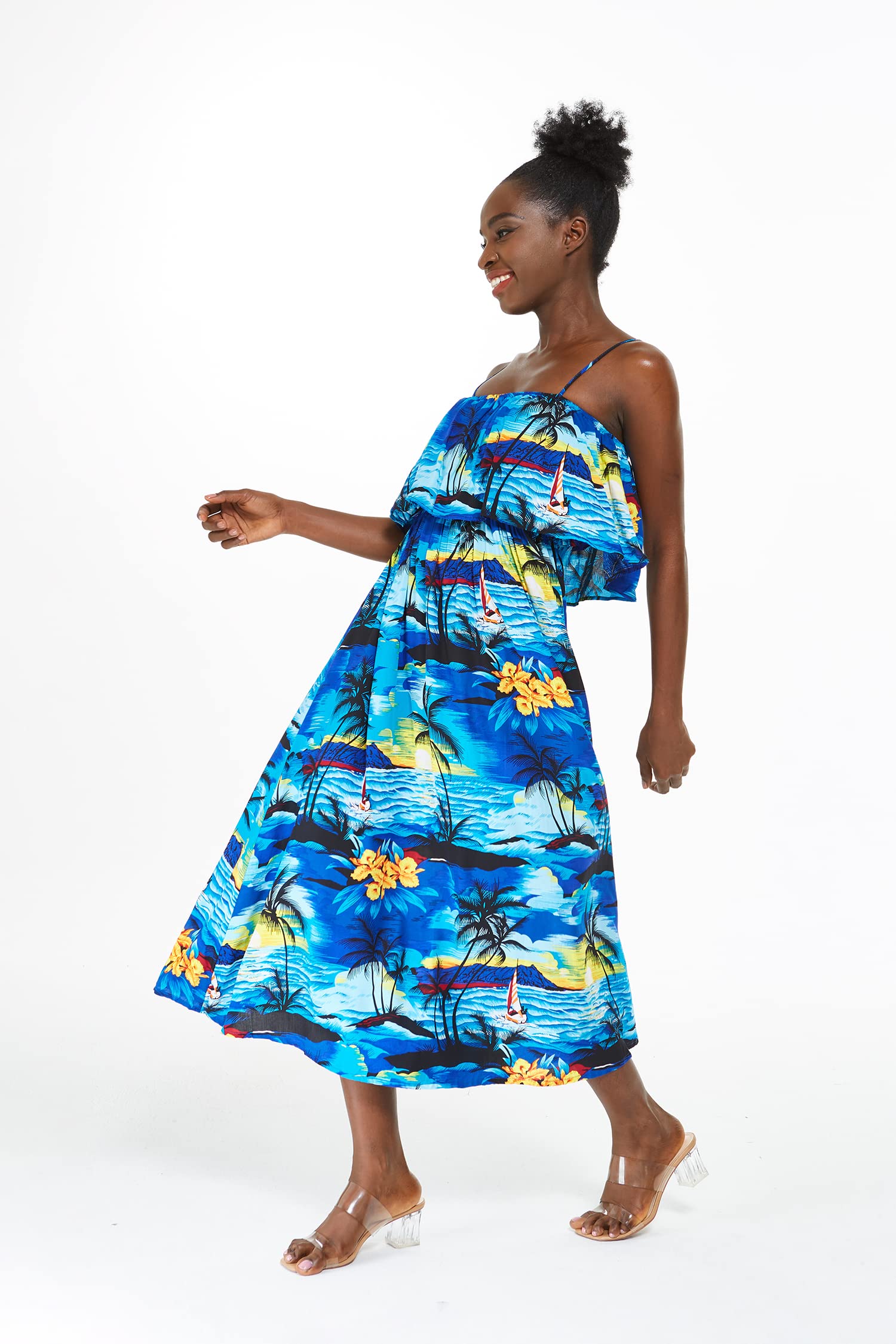 Hawaiian Maxi Dress for Women - Floral Hibiscus Print with Ruffle Trim | Perfect for Luau Parties, Beach Vacations & Summer Weddings