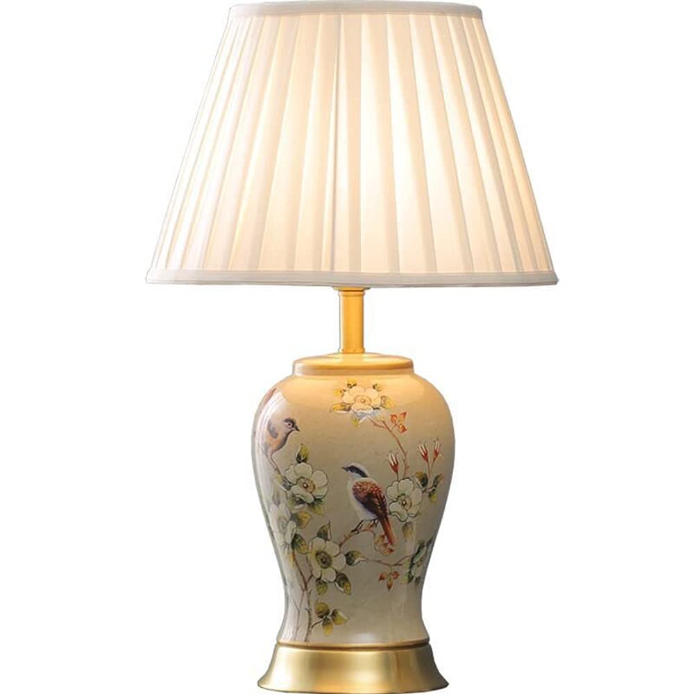 Hand-Painted Chinese Ceramic Table Lamp with Flowers & Birds Design - 55x33cm Modern Porcelain Nightstand Lamp for Living Room, Bedroom & Office Decor