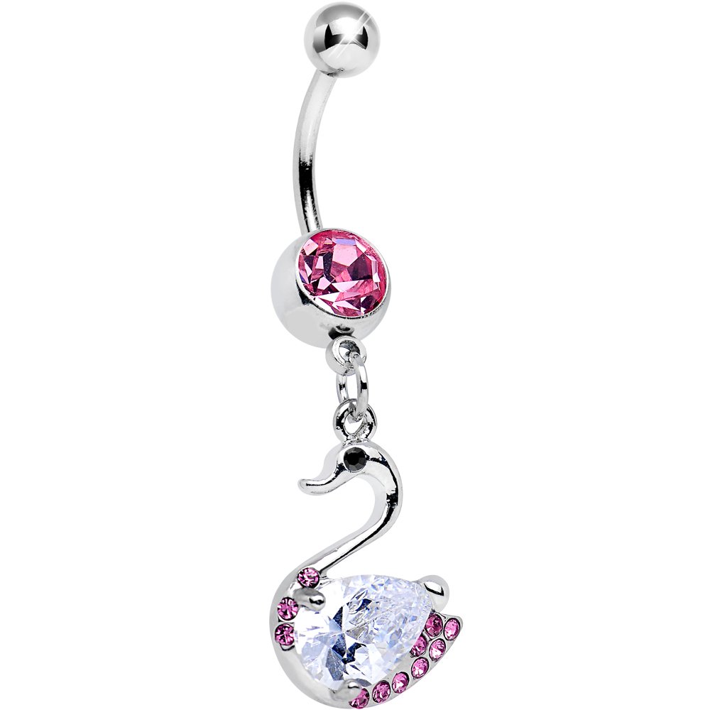 Elegant Swan Dangle Belly Ring - Pink & Clear Body Jewelry for Women | Belly Button Piercing, Navel Ring, Body Candy | Perfect for Parties, Beach, and Everyday Wear