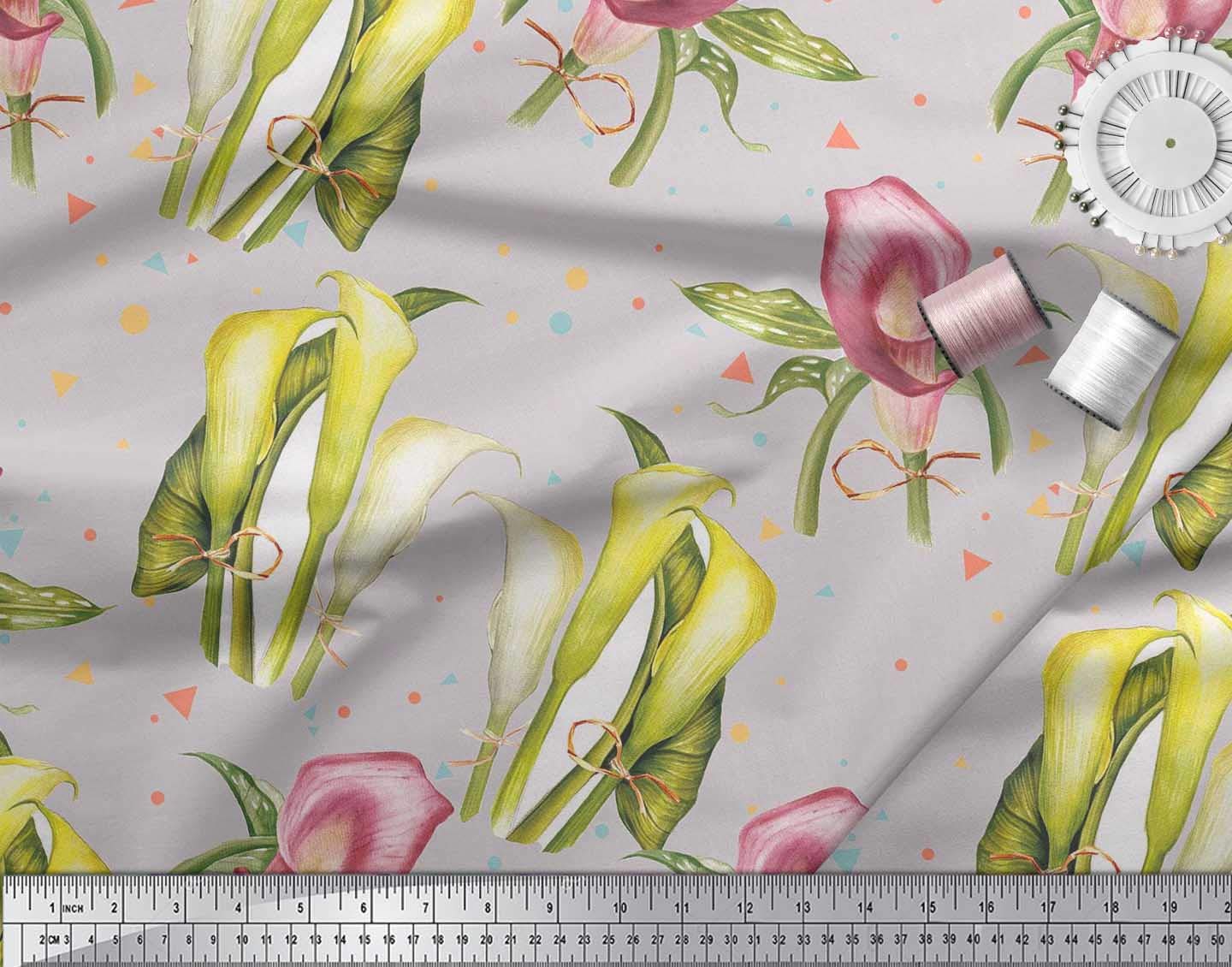 Soimoi Cotton Canvas Gray Fabric by The Yard - 42 Inch Wide Printed Fabric with Triangle, Leaves & Lily Flower Dream Modern Patterns - Perfect for DIY Apparel, Home Decor, Quilting & Craft Projects