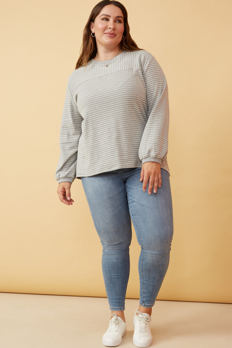Stylish Striped Blocked Puff Sleeve Knit Top for Women - Trendy Casual Wear for Office, Date Night & Weekend Outfits
