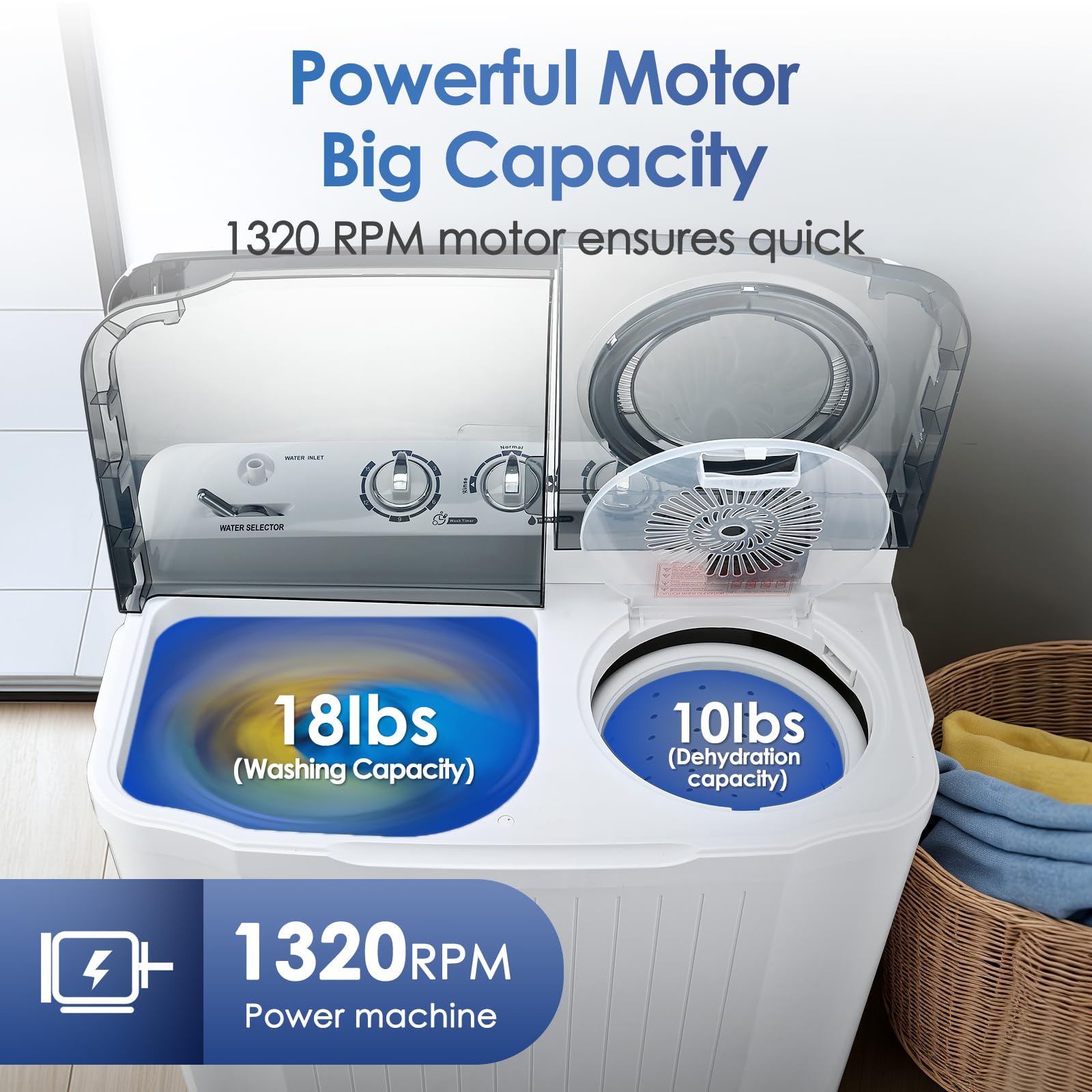 Portable Twin Tub Washing Machine - 28 Lbs Capacity (18 Lbs Washer + 10 Lbs Spinner) Compact Laundry Washer Dryer Combo for Apartments, Dorms, RVs & Camping - Perfect for Small Spaces, Travel & Off-Grid Living
