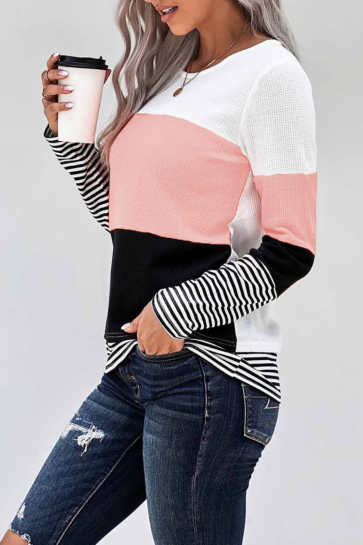 KINGFEN Women's Long Sleeve Color Block Striped T-Shirt - Casual Crewneck Waffle Knit Sweater Top for Fall & Winter | Perfect for Office, Date Night & Weekend Outfits