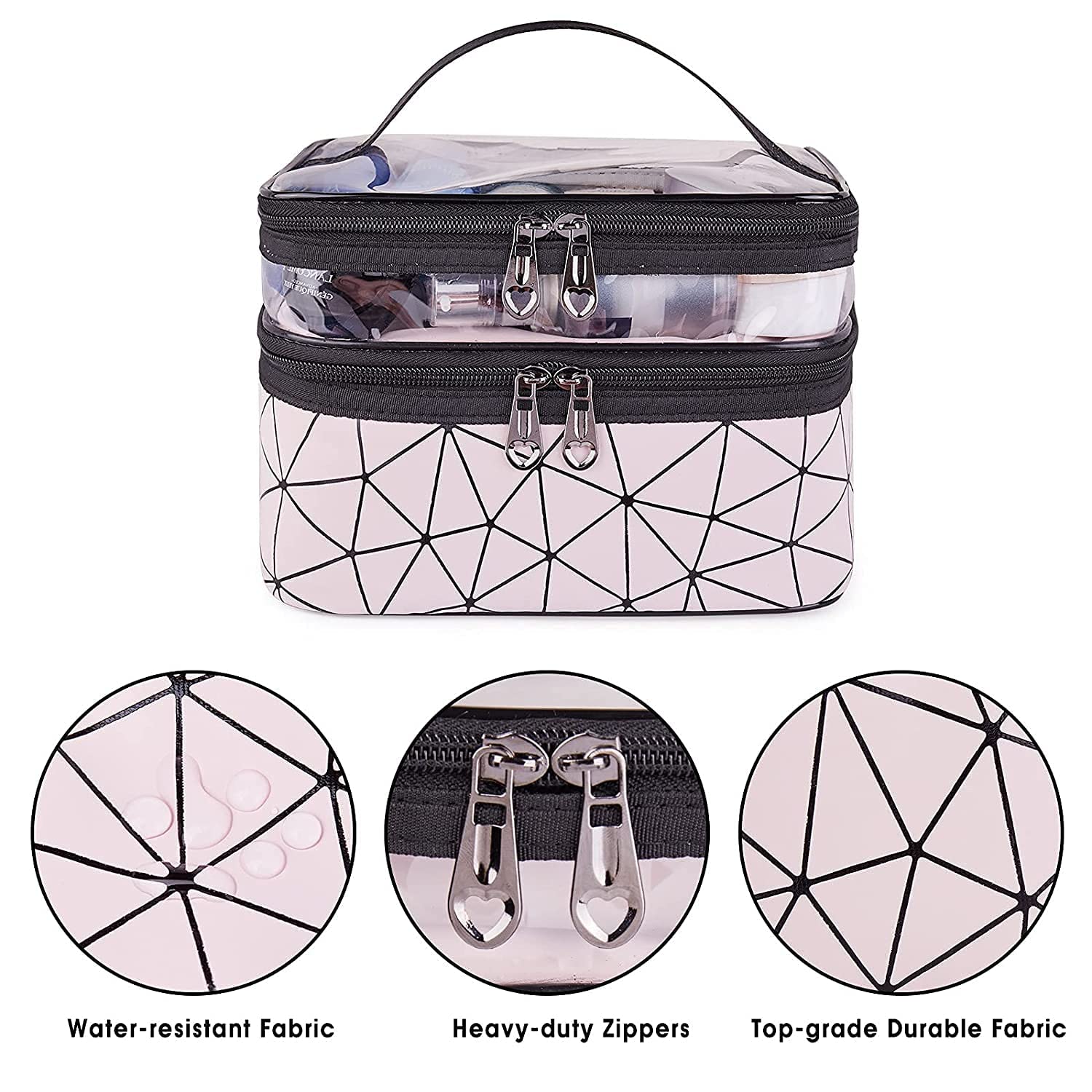 Zollyss Double Layer Waterproof Makeup Bag for Women - Travel Cosmetic Organizer Pouch, Toiletry Case for Girls (Pink) - Perfect for Travel, Gym, and Daily Beauty Storage