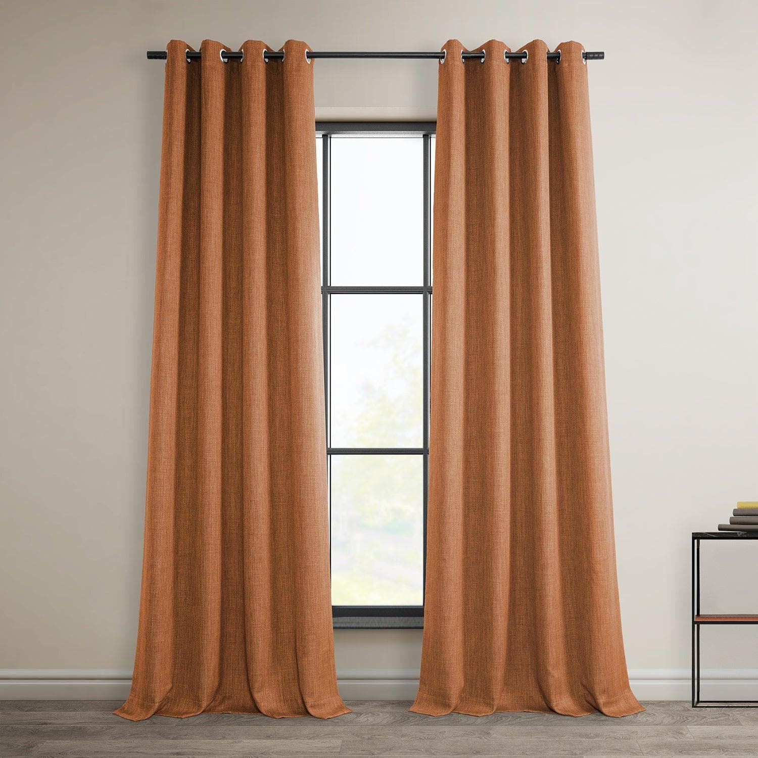 Desert Orange Grommet Textured Faux Linen Blackout Curtains - Thermal Insulated Window Drapes for Bedroom, Living Room & Home Theater