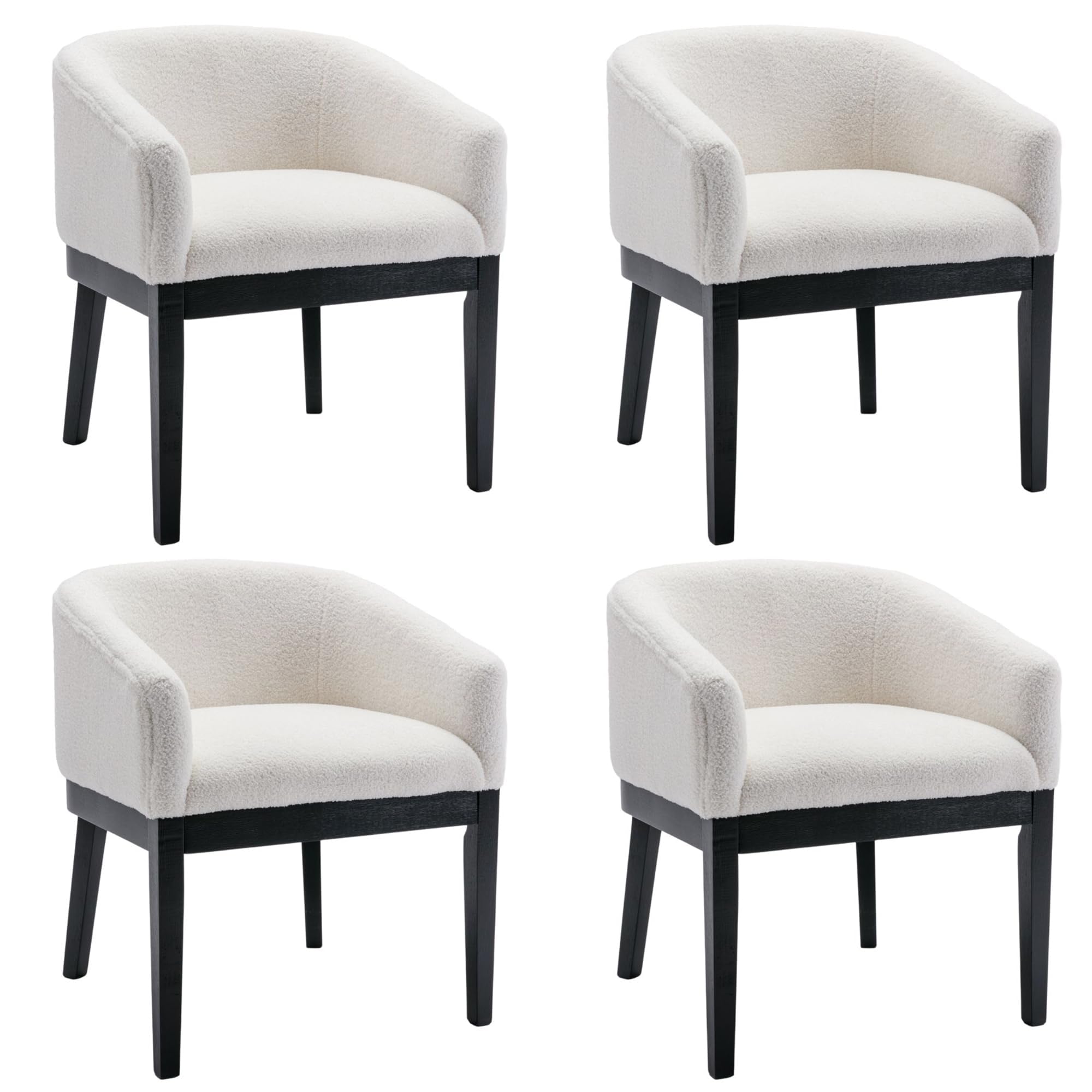Mid Century Modern Upholstered Barrel Dining Chairs Set of 2 - Farmhouse Style Faux Sherpa Kitchen & Dining Room Chairs with Black Hardwood Frame - 18