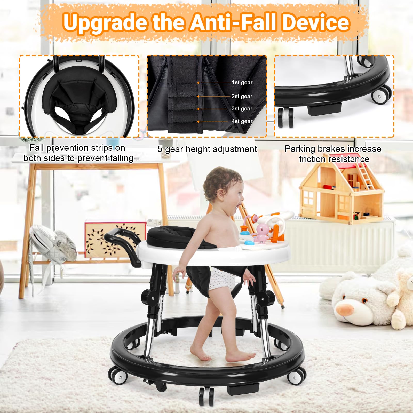 Foldable Music & Lights Baby Walker with 9 Adjustable Heights - Portable Wheeled Activity Center for Boys & Girls 7-18 Months (New Black) - Perfect for Learning to Walk & Indoor Playtime
