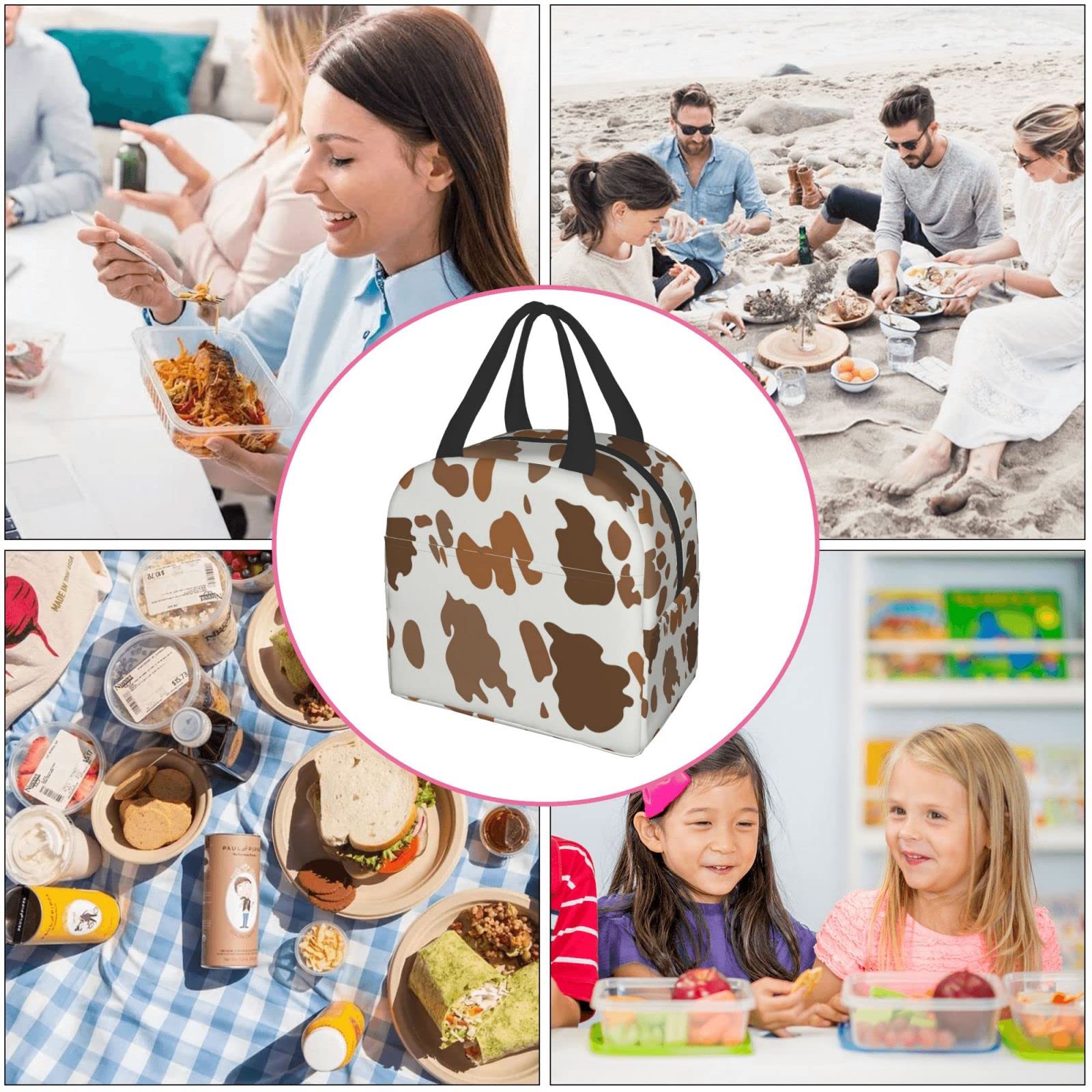 Insulated Lunch Box with Brown Cow Pattern - Reusable & Portable Meal Container for Men & Women - Perfect for Work, Travel, Picnic & Outdoor Activities