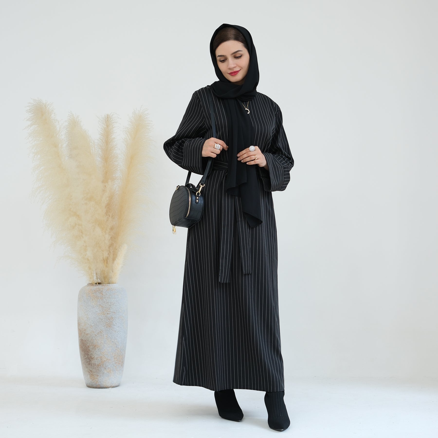 Janine Stripe Long Sleeve Belted Maxi Dress for Women - Elegant Black Flowy Dress for Parties, Weddings & Special Occasions