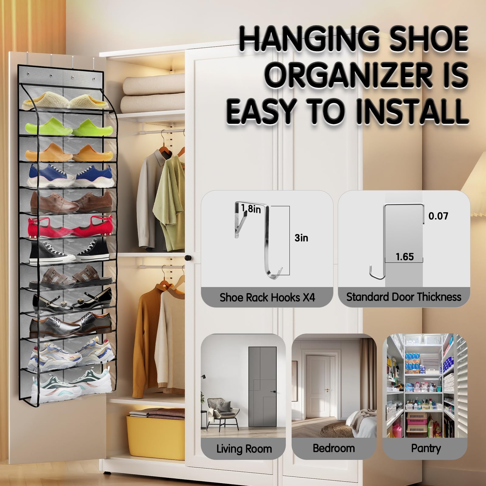 Over the Door Hanging Shoe Organizer with 12 Clear Large Pockets - Space Saving Closet Storage for Shoes, Accessories & More - Reusable Shoe Rack for Adults, Kids & Babies (Gray) - Perfect for Bedrooms, Closets & Dorm Rooms
