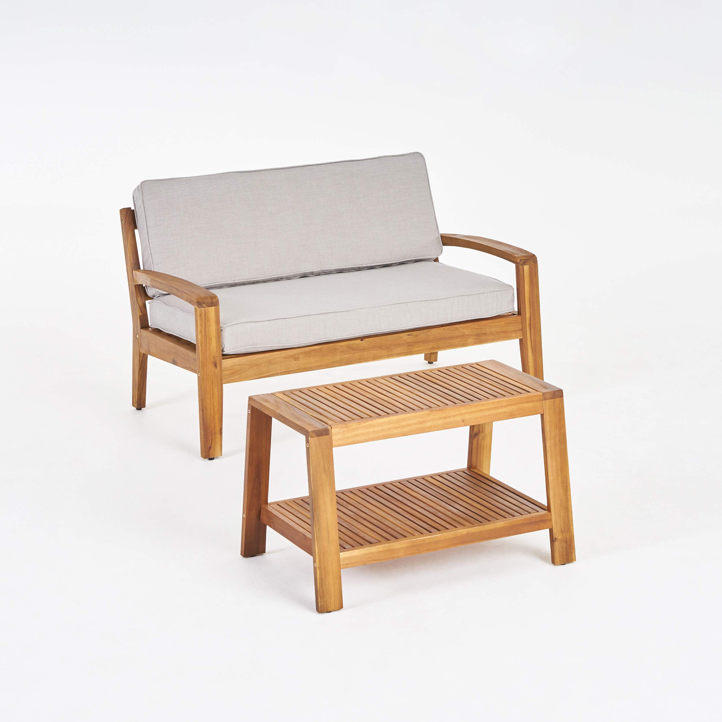 Acacia Wood Christian Loveseat & Coffee Table Set with Teak Finish & Silver Sunbrella Cushions - Outdoor Patio Furniture for Garden, Deck, Poolside Relaxation