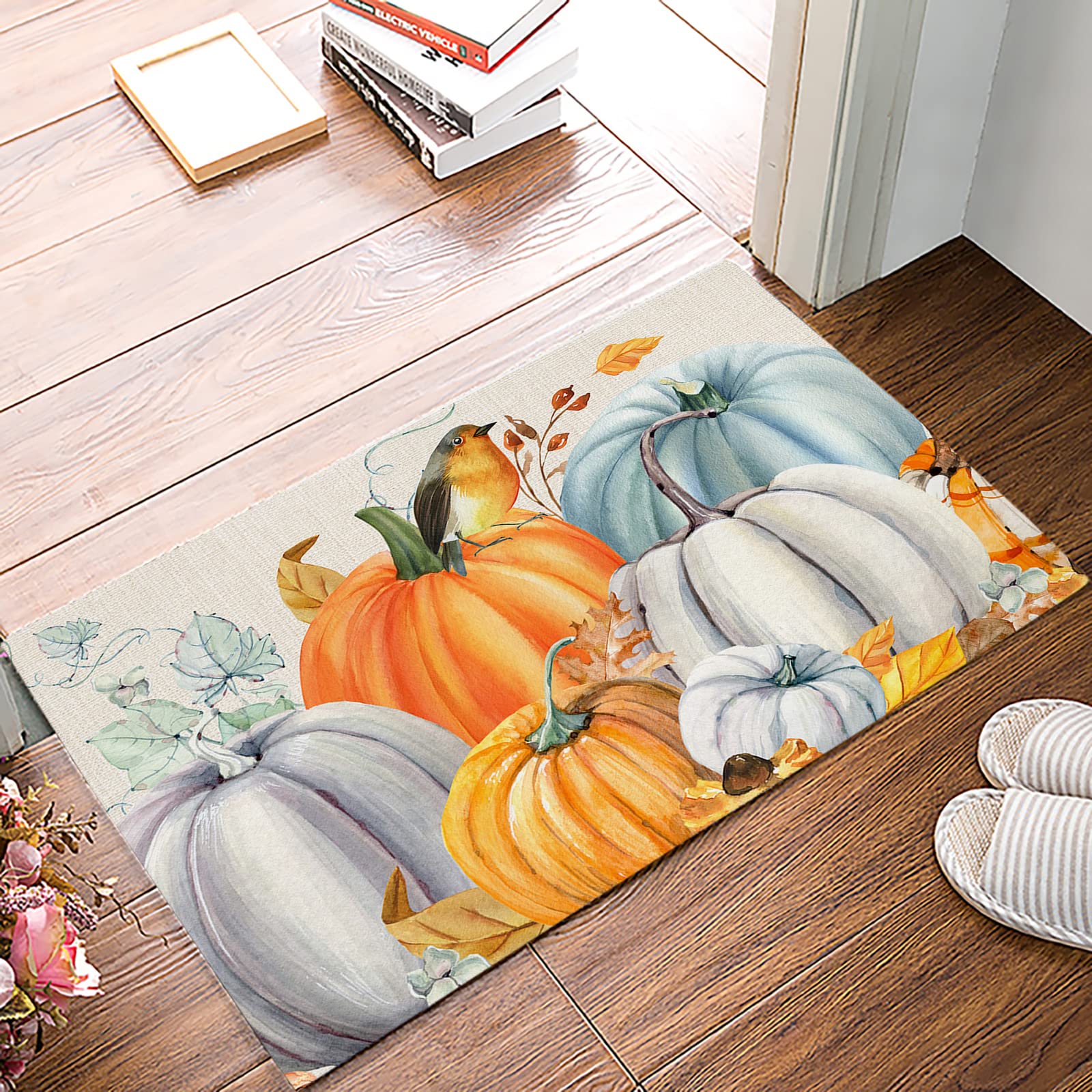 Non-Slip Absorbent Pumpkin Doormat for Bathroom, Kitchen & Entrance - Fall Harvest Farmhouse Burlap Rug, Washable Indoor Floor Mat for Thanksgiving Decor, Home Accent & Front Door Safety