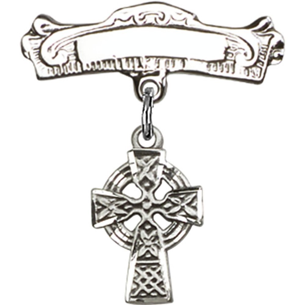 1 X 7/8 Inch Sterling Silver Baby Badge with Celtic Cross Charm - Elegant Arched Polished Pin for Christening, Baptism & Special Occasions