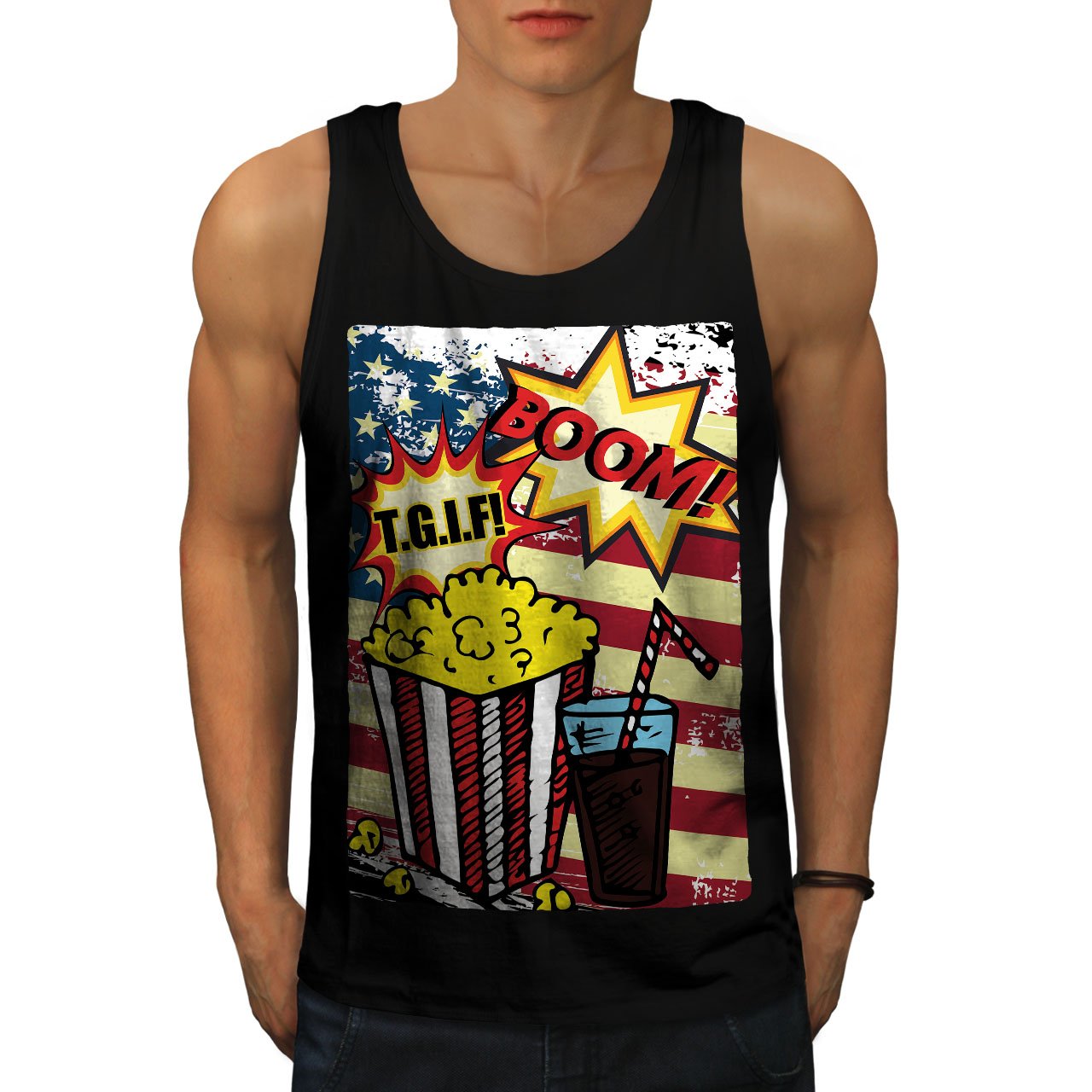 Wellcoda Men's Popcorn and Coke Graphic Tank Top - Comfortable Athlete Shirts for Gym, Running & Casual Wear - Vintage American Style Muscle Tee for Summer Workouts and Street Fashion