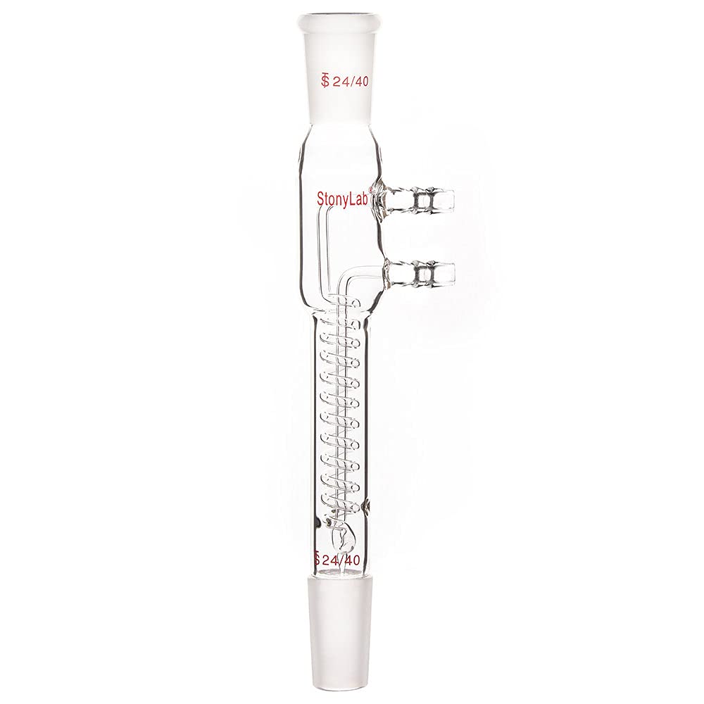 Stonylab Borosilicate Glass Coil Reflux Condenser with 24/40 Joints & Hose Connections - 245mm Dimroth Style for Chemistry Lab Distillation & Essential Oil Extraction