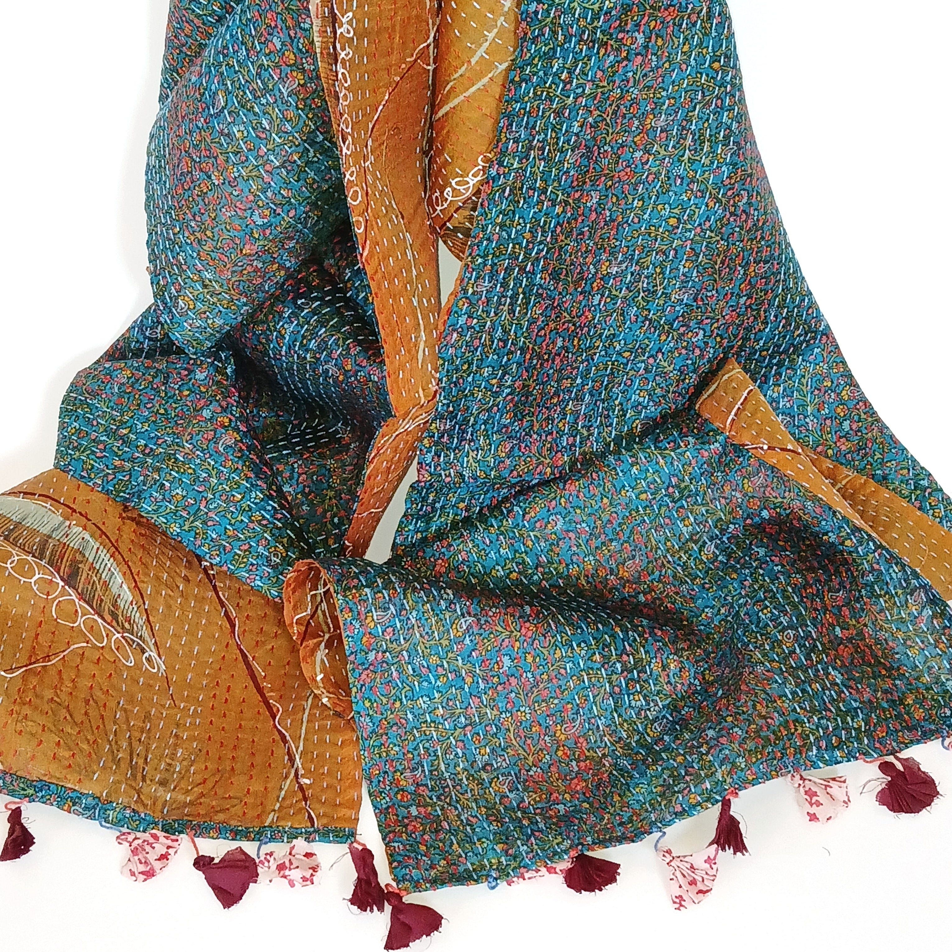 Handmade Silk Kantha Scarf - Teal & Bronze Ombre Shawl - Lightweight Womens Fashion Wrap for Boho, Wedding & Travel Accessories