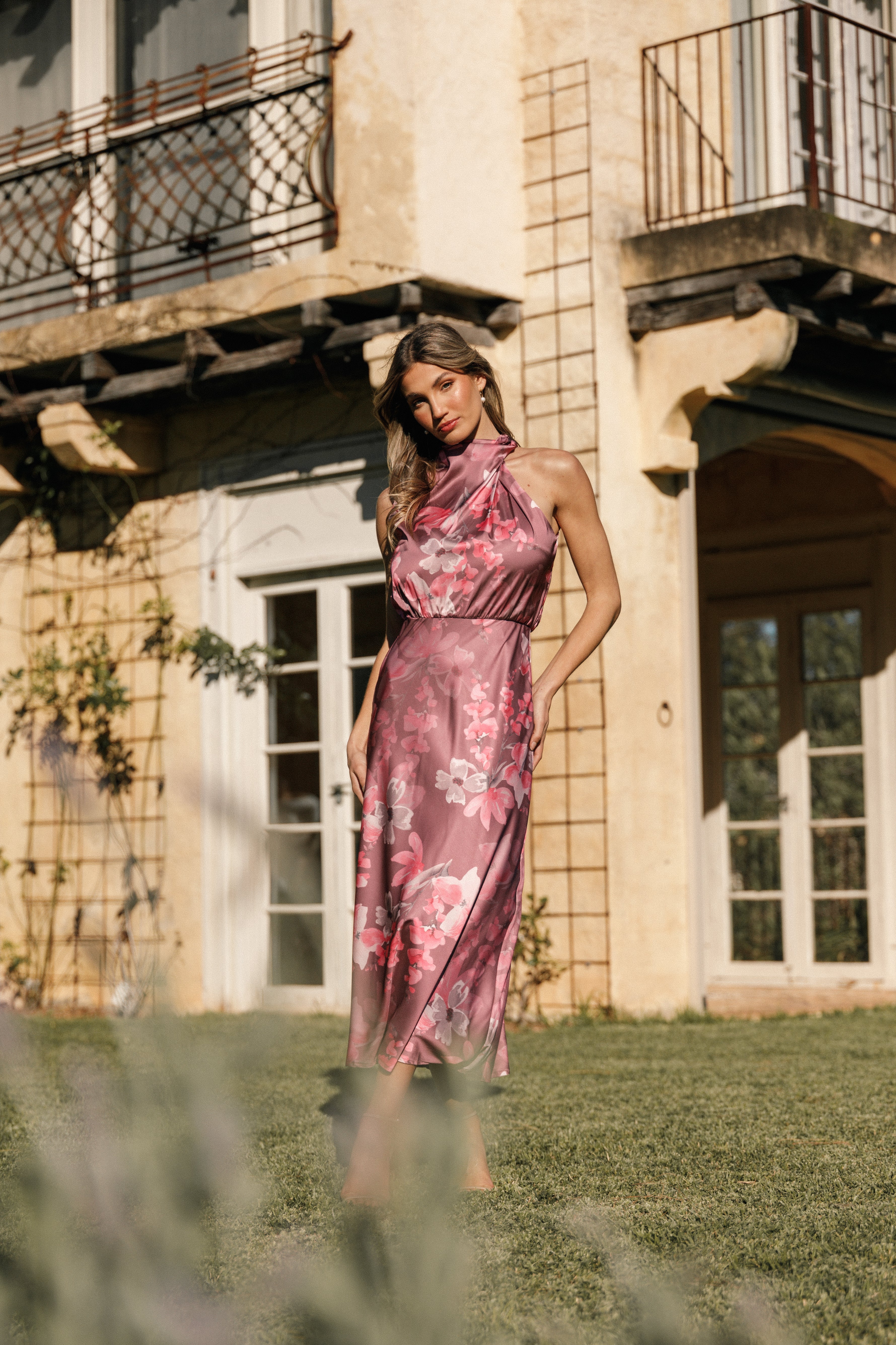 Anabelle Women's Halter Neck Midi Dress - Dark Rose Floral Print Summer Dress for Beach Vacation, Garden Party & Date Night