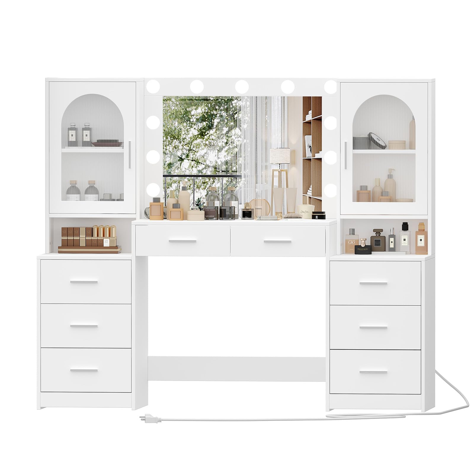 Rovaurx 61.9 Inch White Vanity Desk with LED Mirror & Charging Station - Large Makeup Dressing Table with 8 Drawers, Side Cabinet & 3 Light Modes - Perfect for Bedroom, Dressing Room & Beauty Salon Organization