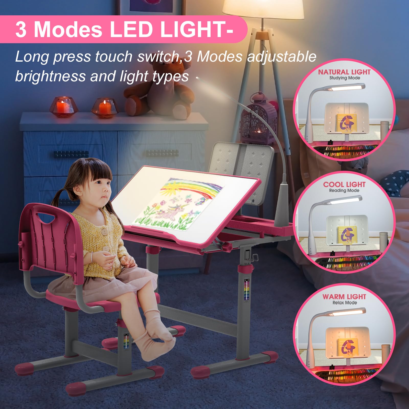 Adjustable Kids Study Desk with LED Light - Height & 40° Tiltable Desktop for Children Ages 5-8 | Perfect Birthday, Christmas & New Year Gift (Pink) | Ideal for Homework, Drawing & Reading Activities