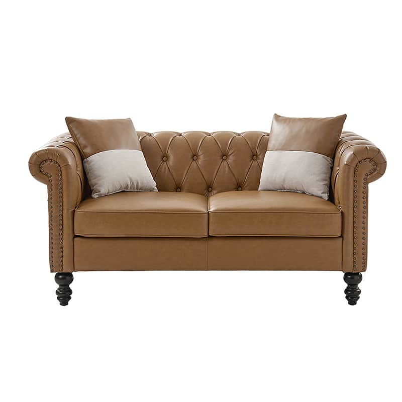 Premium Olga PU Leather Classic Rolled Arms Sofa - Modern Living Room Furniture with 2 Decorative Throw Pillows | Perfect for Small Spaces, Apartments & Cozy Home Decor