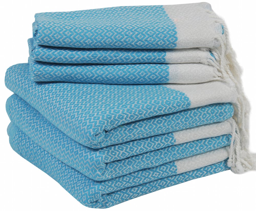 Premium Turkish Cotton Peshtemals (Set of 6) - 3 Bath Towels & 3 Hand Face Dish Towels | Ultra Soft, Quick Dry, Highly Absorbent | Turquoise Color | Perfect for Spa, Beach, Yoga & Home Use