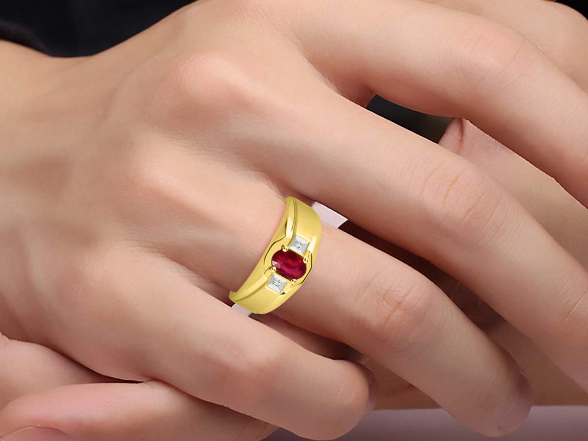 Rylos Men's Classic 7X5MM Oval Gemstone & Diamond Ring - Yellow Gold Plated Silver Birthstone Ring for Men (Sizes 8-13) | Perfect for Weddings, Anniversaries & Gifts