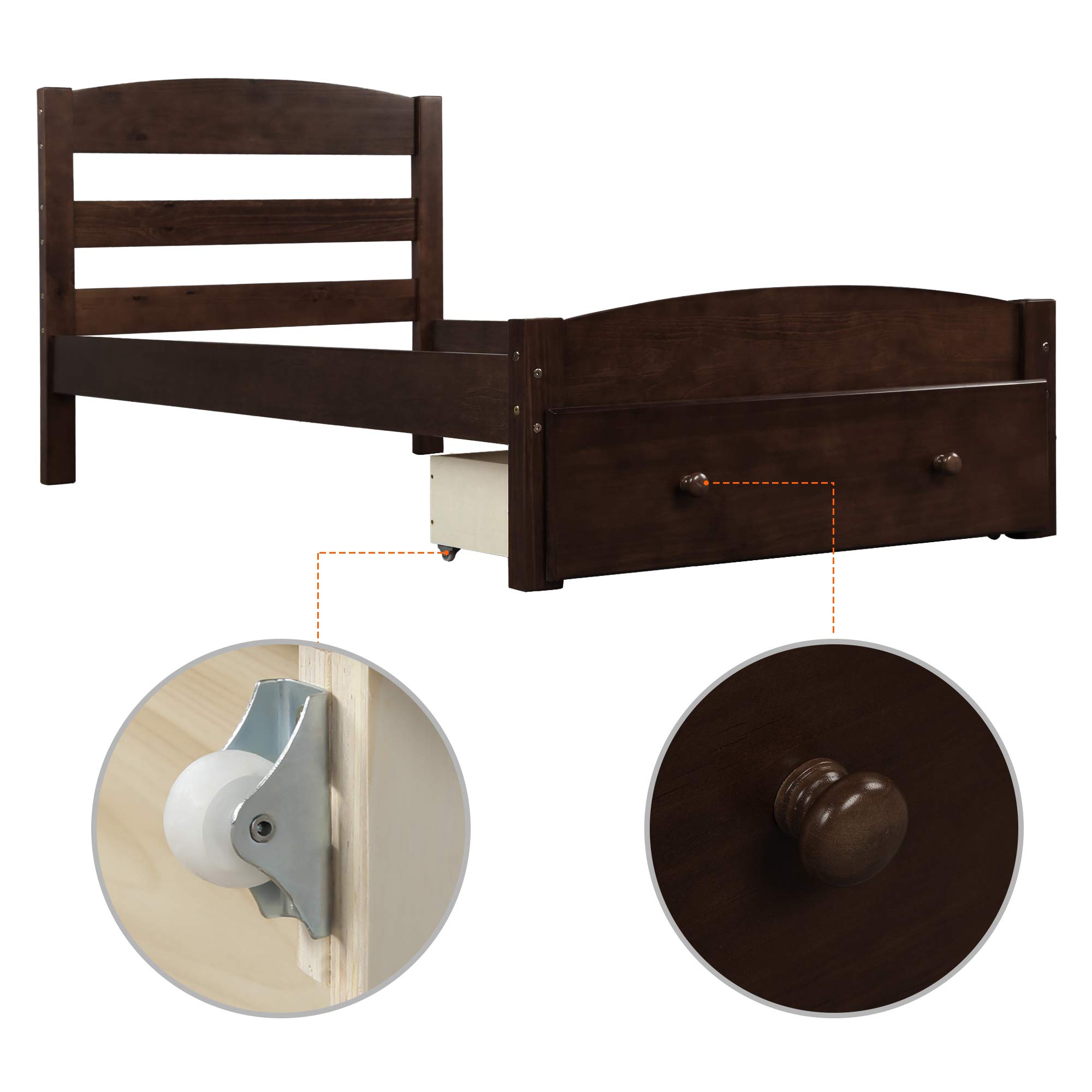 Polibi Twin Size Wooden Platform Bed Frame with Storage Drawer & Wood Slat Support - No Box Spring Needed, Espresso Finish - Perfect for Small Bedrooms, Guest Rooms & Kids' Rooms