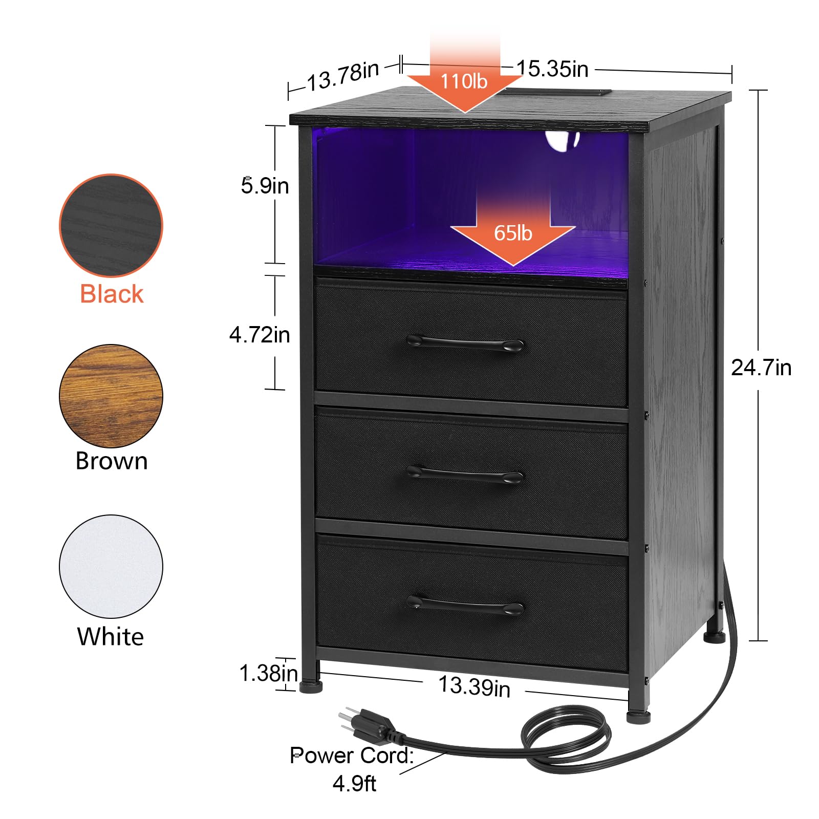 Black Night Stand Set of 2 - Modern LED Bedside Tables with USB-C Charging Station & Power Outlets - 3 Fabric Drawer Storage End Tables for Bedroom, Living Room, or Office (HNS033BK)