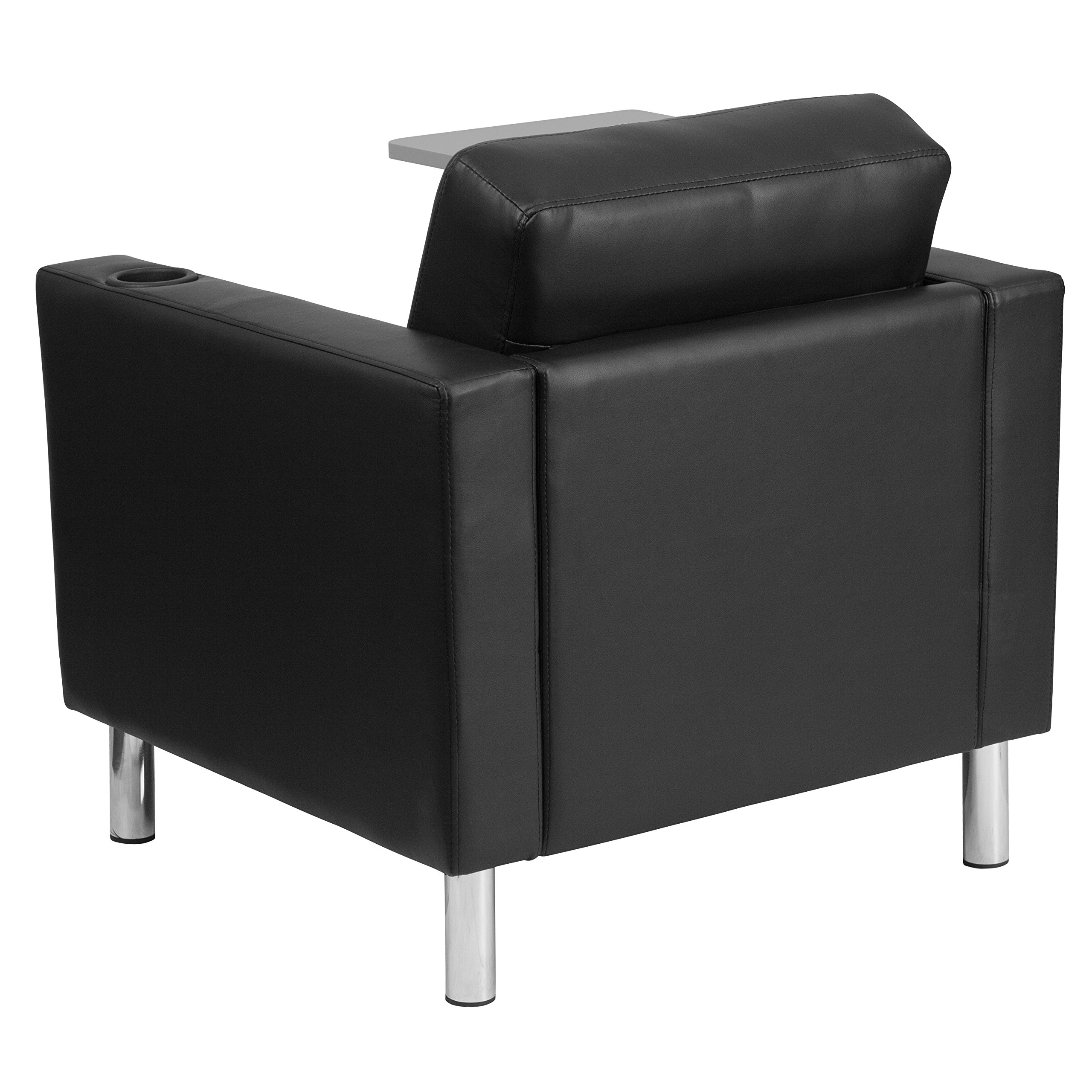 Emma & Oliver Black LeatherSoft Tablet Arm Chair with Tall Chrome Legs & Cup Holder - Ergonomic Office Chair for Home & Workspace, Perfect for Working, Gaming & Relaxing