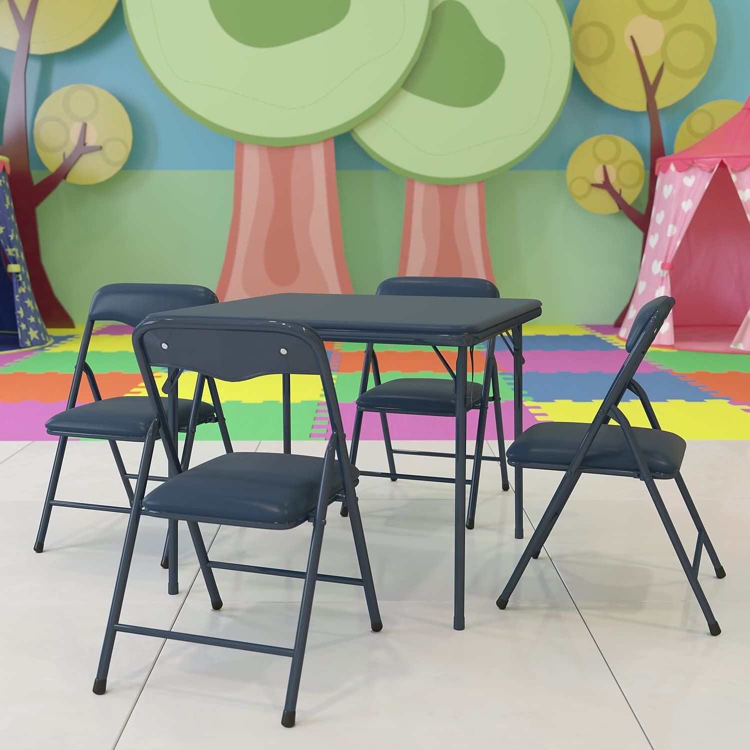 Flash Furniture Mindy Kids Navy 5-Piece Folding Table and Chair Set - Compact Play & Study Furniture for Small Spaces, Daycare, Preschool & Home Learning