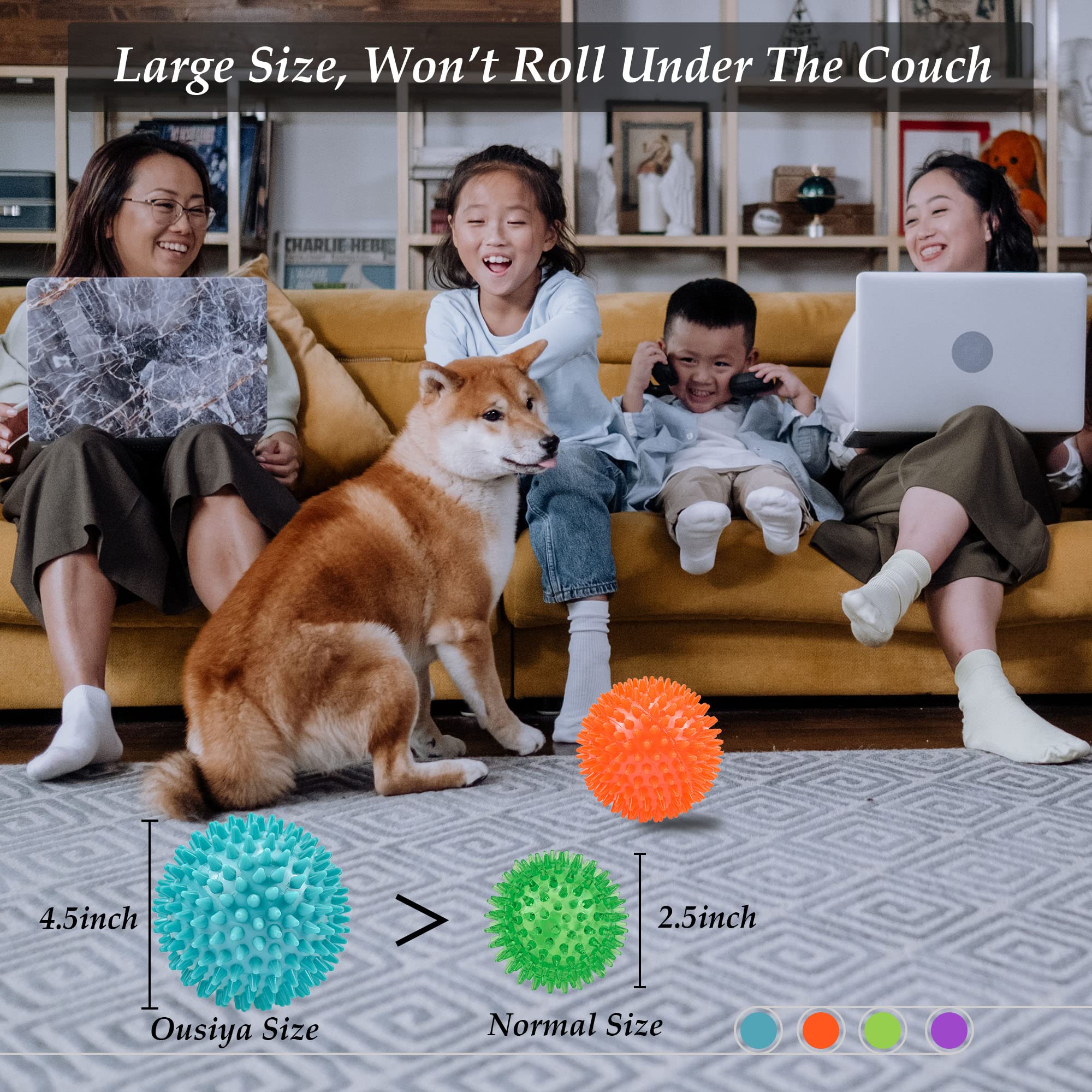 Ousiya 12cm Thickened Squeaky Dog Toy Balls - 4 Pack Durable Spikey Chew Toys for Aggressive Chewers, Medium & Large Dogs - Teeth Cleaning & Training Pet Supplies - Perfect for Outdoor Play, Fetch Games & Interactive Training Sessions