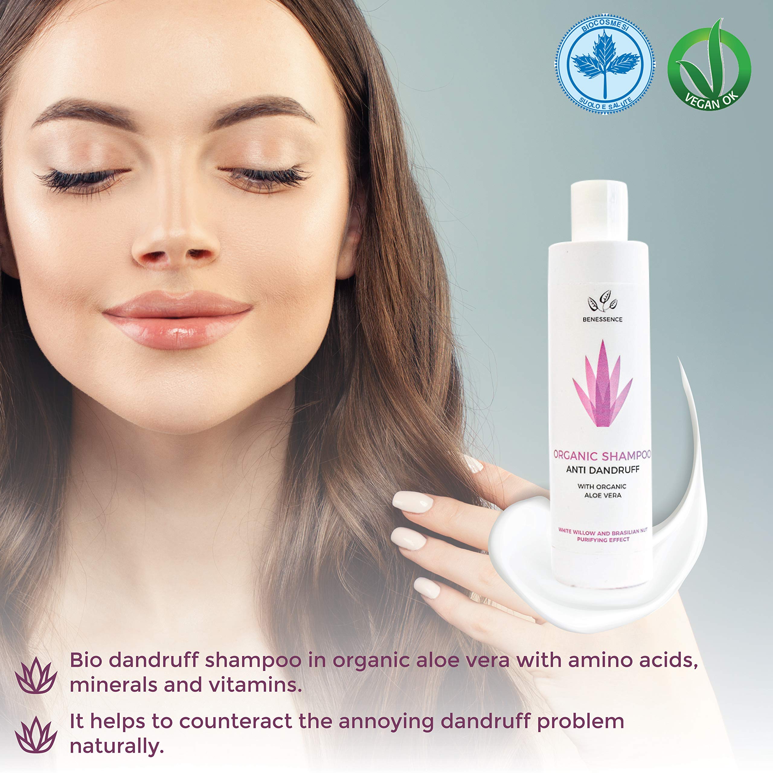 Benessence Organic Anti-Dandruff Shampoo with Aloe Vera - Natural Scalp Care for Dry, Itchy Scalp - Perfect for Daily Hair Wash & Scalp Treatment