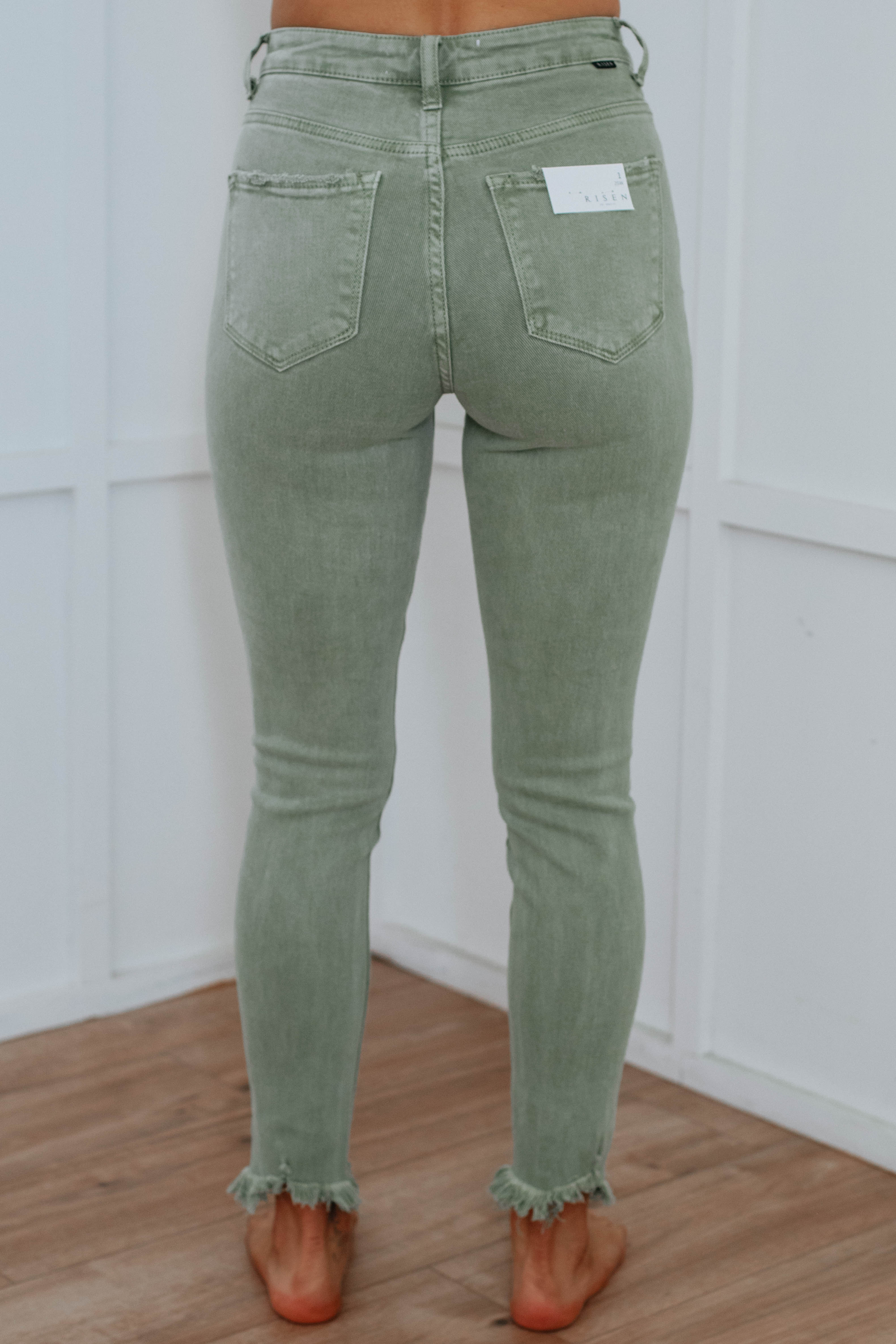 Daisie Risen Women's High Waist Olive Green Stretch Jeans - Comfortable Slim Fit Denim Pants for Casual Wear & Everyday Outfits