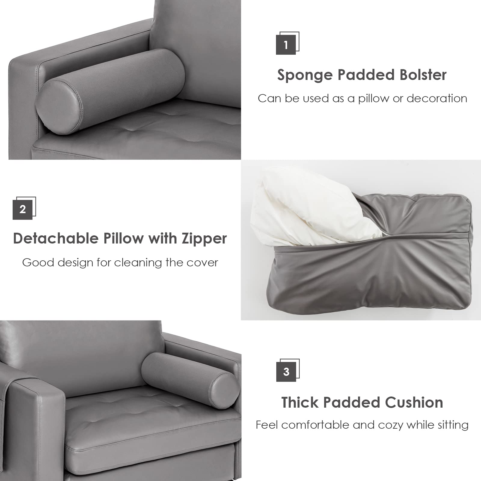 Giantex Set of 2 Single Sofa Chairs with Cushion & Bolster, Upholstered Armchairs with Magazine Pockets - Dark Grey Living Room Furniture for Bedroom, Reception & Leisure Spaces