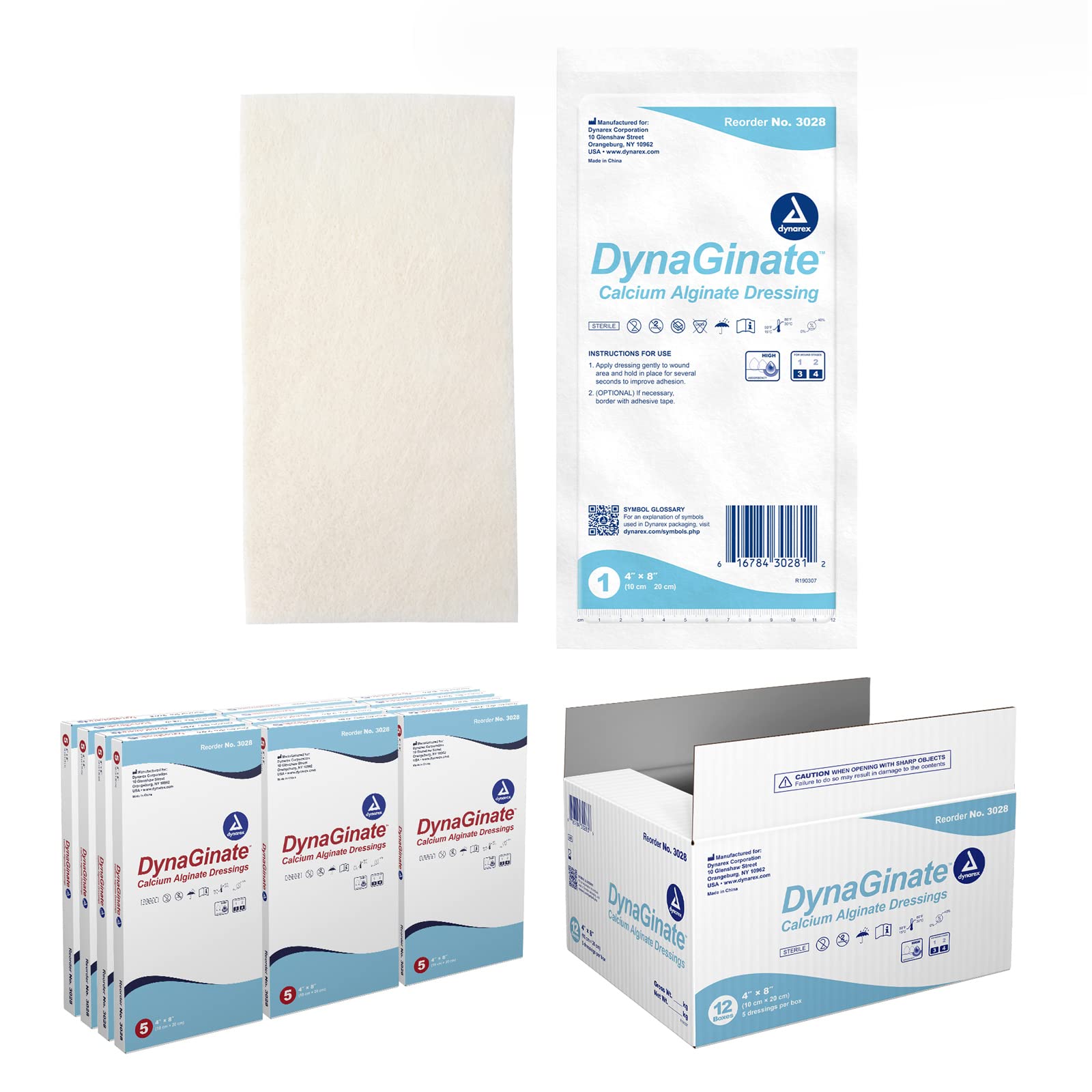 Dynarex DynaGinate Calcium Alginate Wound Dressing - Sterile Non-Stick Wound Pads for Moderate to High Exuding Cuts | Absorbent Gel Patches for Medical & Home Use | 4