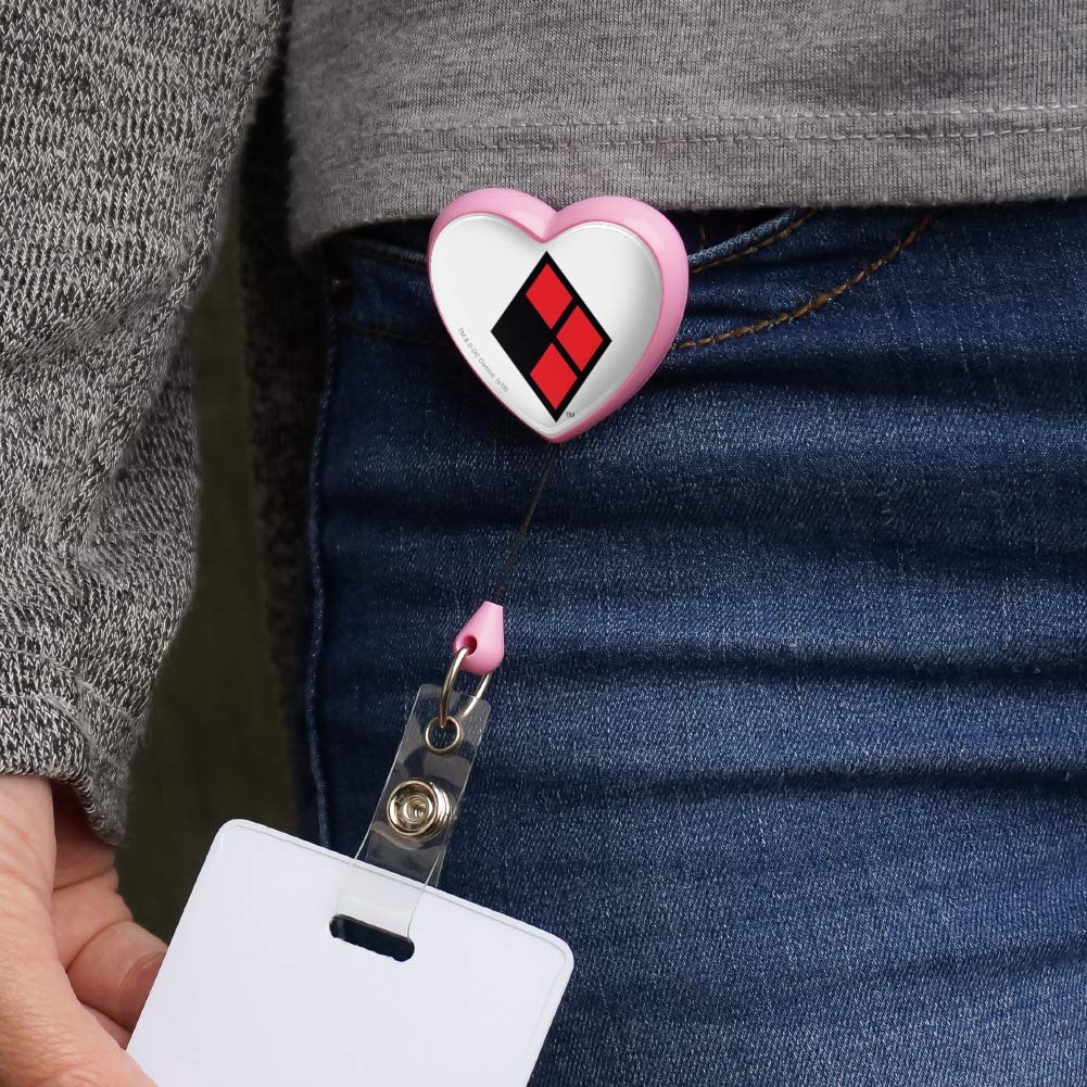 Harley Quinn Diamond Logo Heart Lanyard - Retractable Reel Badge ID Card Holder for Work, Events & Cosplay | DC Comics Inspired Accessory