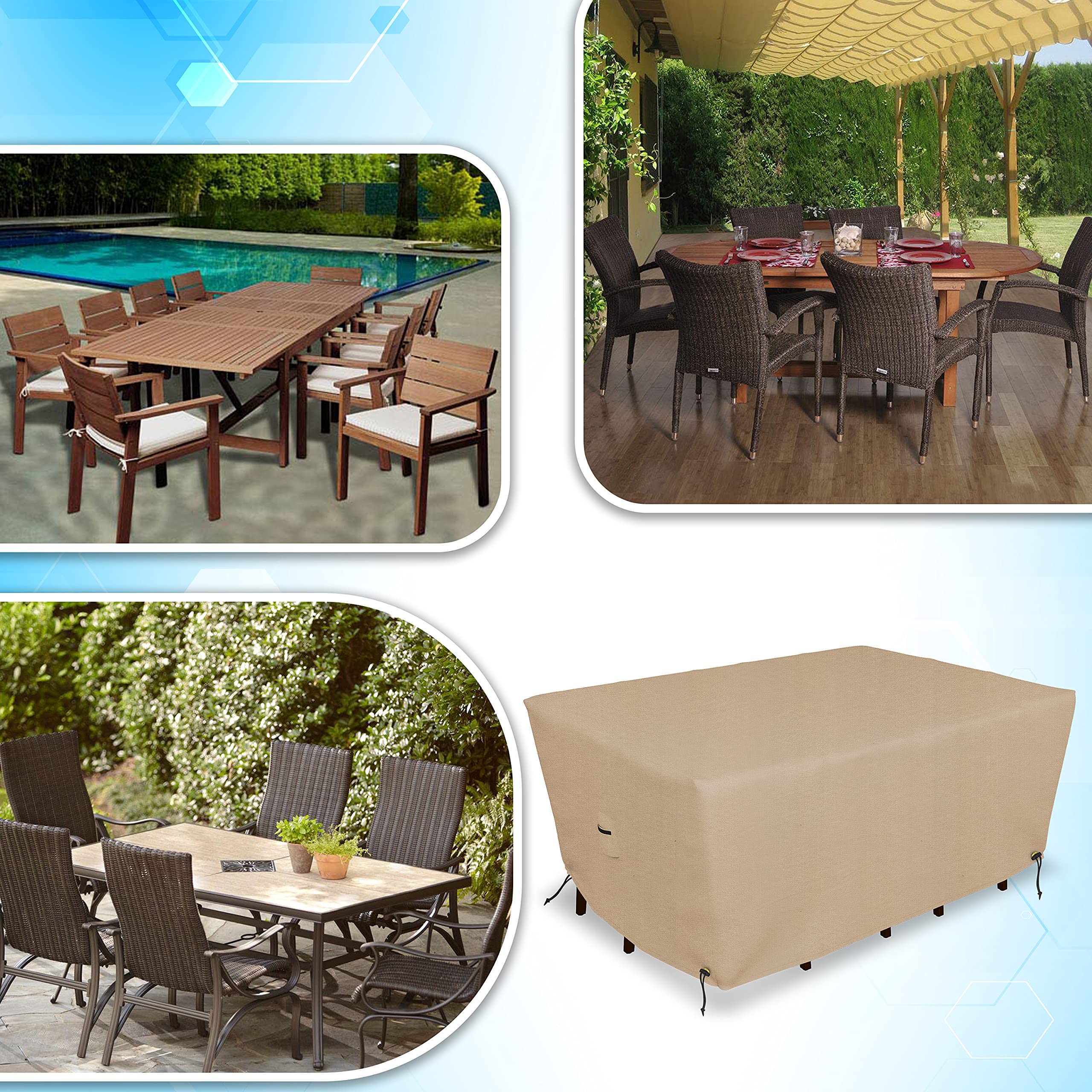 **600D Polyester Oxford Waterproof Patio Table & Chair Set Cover - Heavy Duty Outdoor Dining Table Cover with Padded Handles, Air Vents & Drawstring (Beige, 108”L x 82”W x 23”H) - Perfect for Backyard, Garden & Poolside Protection**
