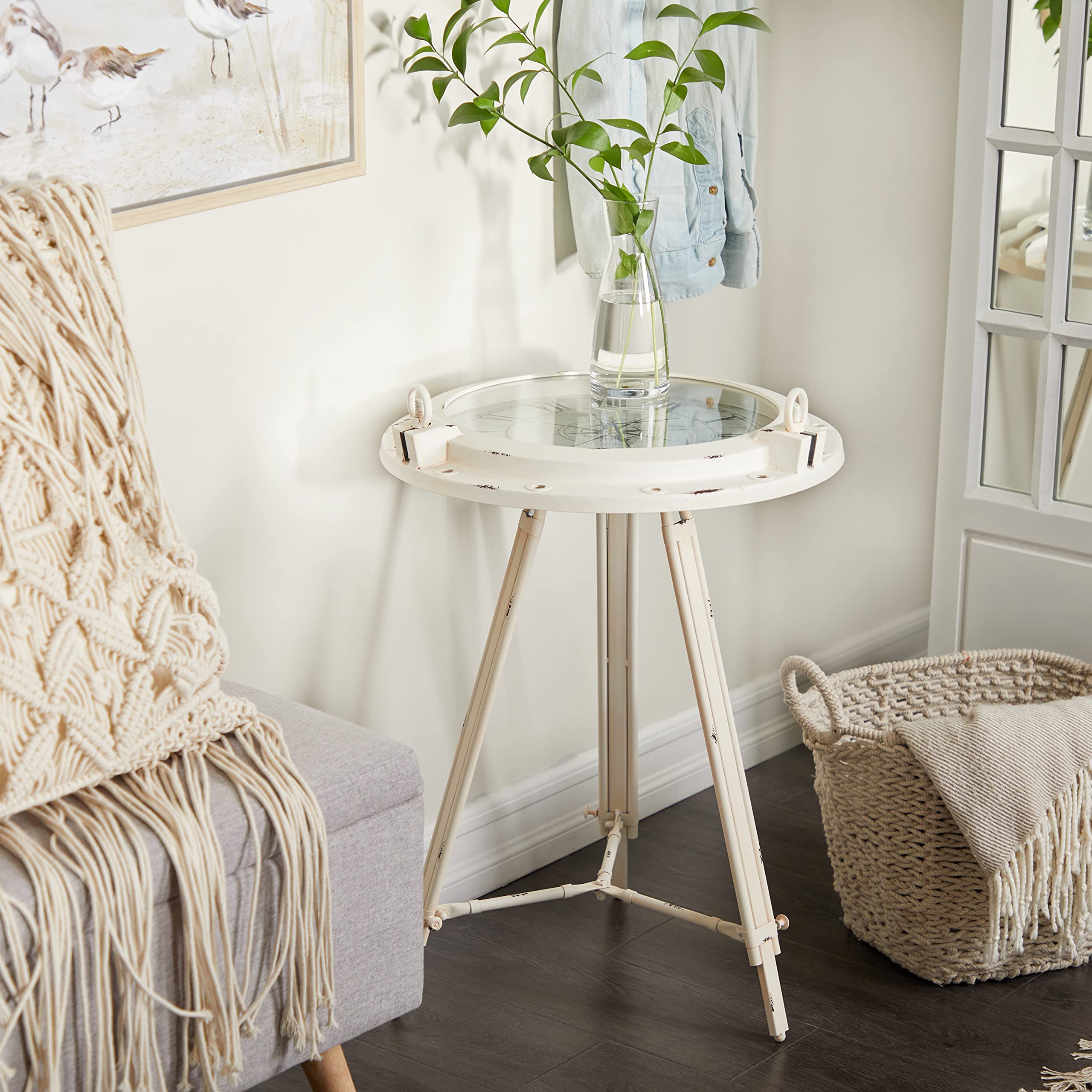 Deco 79 Modern White Metal Compass Side Table with Clock & Clear Glass Top - 19