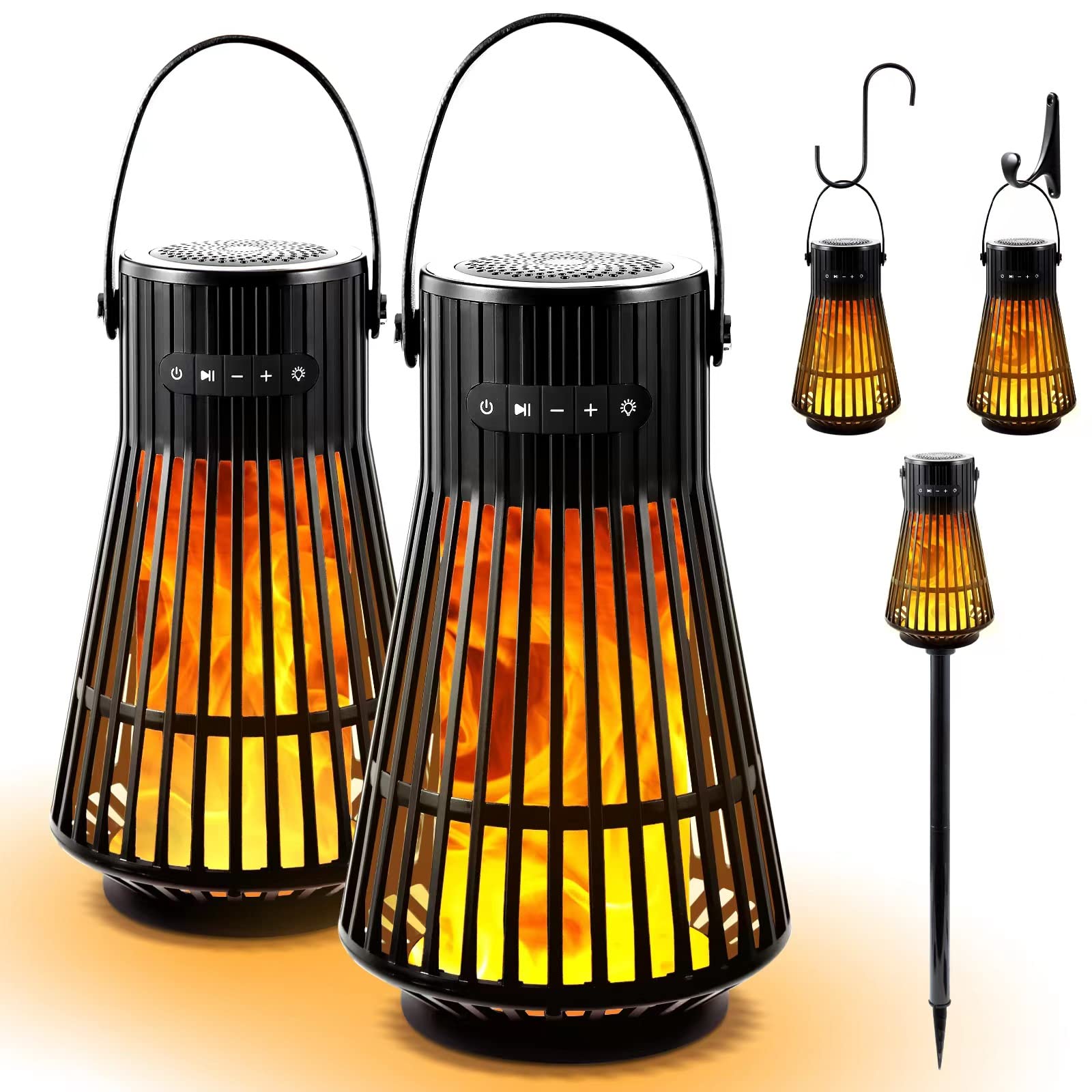 Tesoorda Outdoor Bluetooth Speaker with LED Flickering Flame Effect - Waterproof Wireless Speaker with Torch Light, Wall Mount Hook & Stake - Perfect for Camping, Backyard, Deck, Patio (2 Pack)